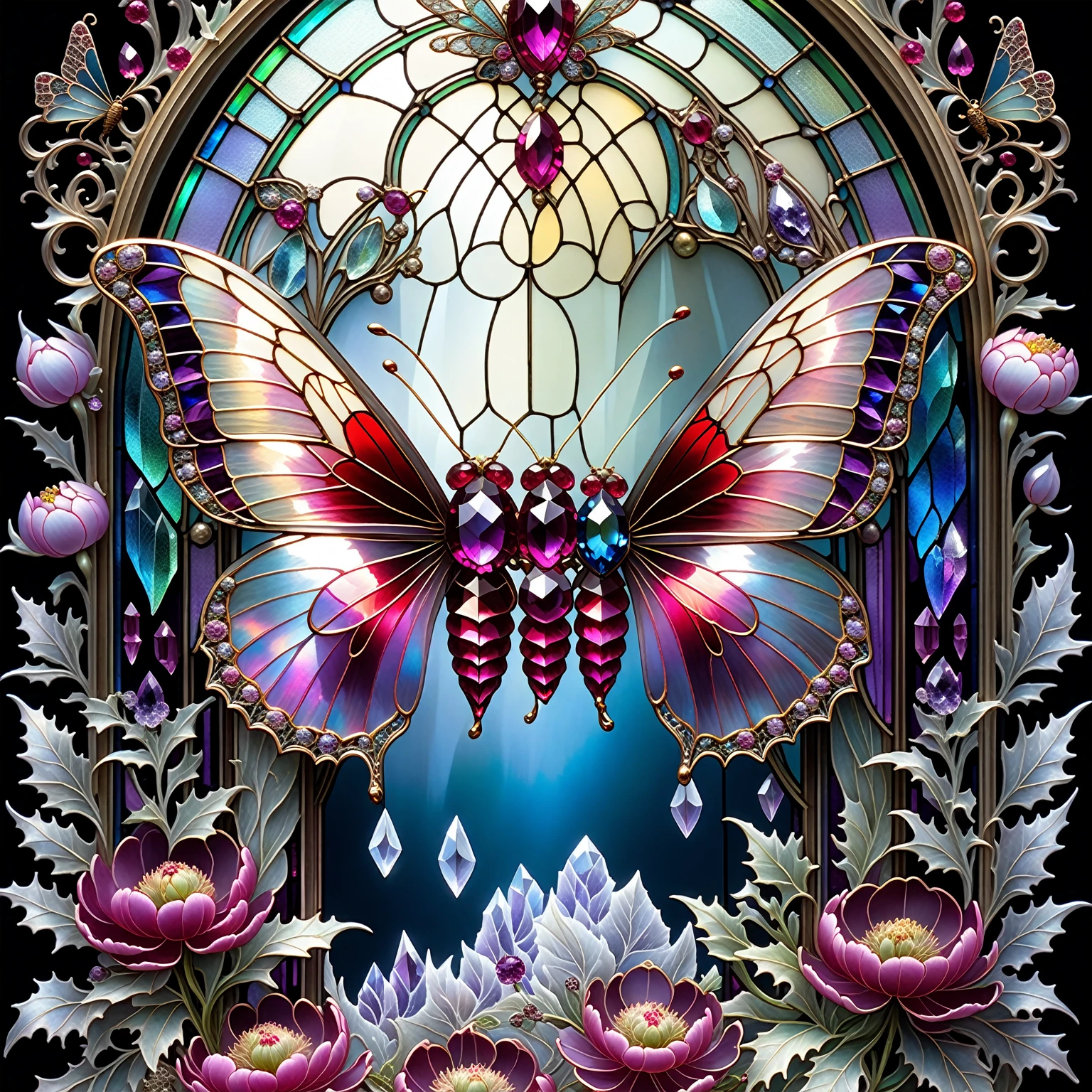 triadic colors, cinematic, official art, close fairytale transparent glass moth ruby peony flowers, ice hoarfrost, baroque, Craola, highly detailed stained glass wings, amethyst crystals, labradorite iridescent crystals, Andy Kehoe, John Blanche, complex highly detailed background,  book detailed illustration, fantasy, filigree, filigree detailed, intricated, cute