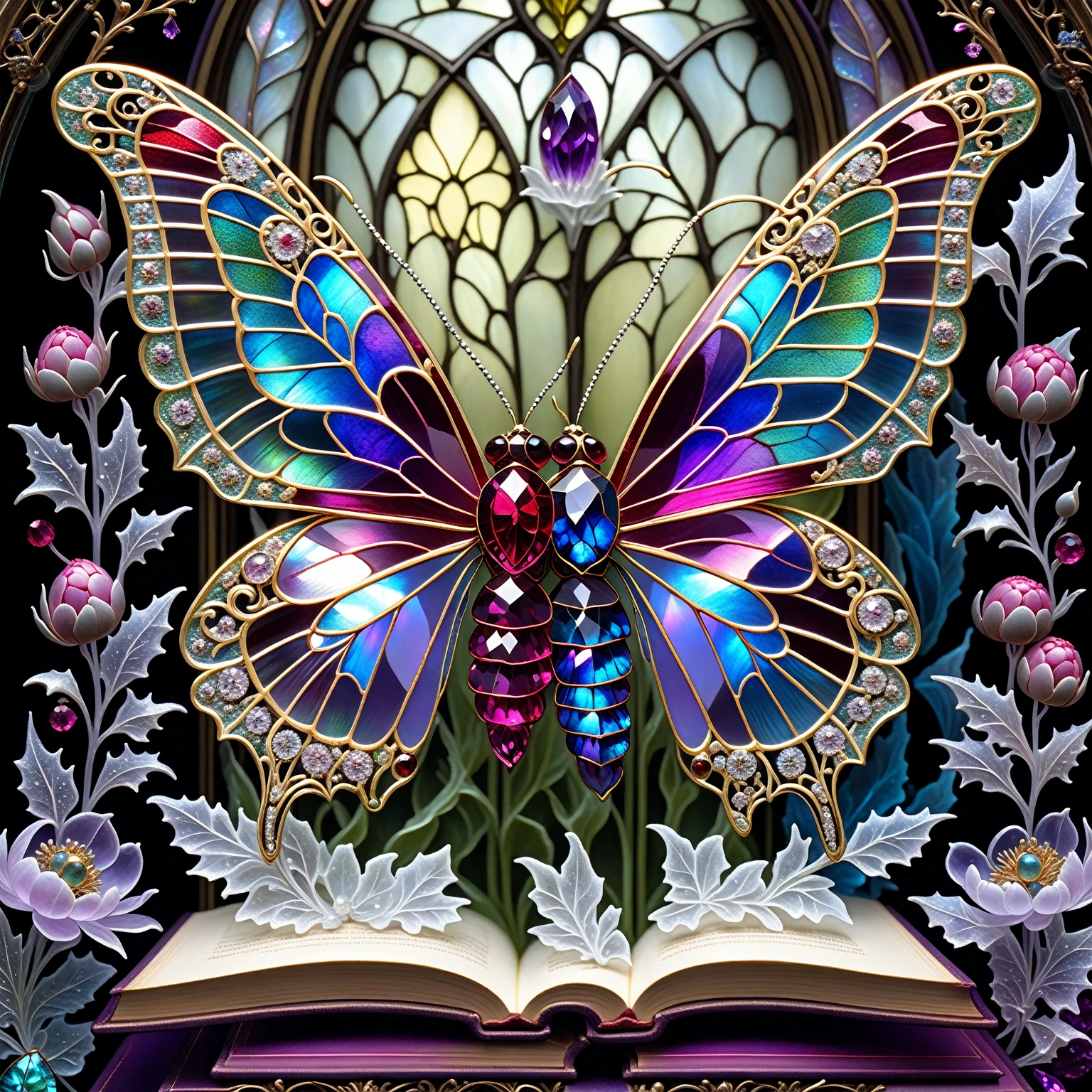 triadic colors, cinematic, official art, close fairytale transparent glass moth ruby peony flowers, ice hoarfrost, baroque, Craola, highly detailed stained glass wings, amethyst crystals, labradorite iridescent crystals, Andy Kehoe, John Blanche, complex highly detailed background, book detailed illustration, fantasy, filigree, filigree detailed, intricated, cute