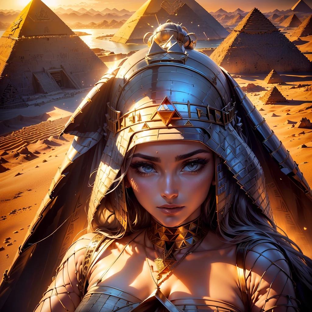 (1 beautiful white Egyptian woman (dressed in mesh) (full body photo), (beautiful detailed face 4k). ((looking at the horizon from the top of a pyramid)). (cinematic shot)(ultra-realistic details, 8k A beautiful woman looks in amazement from inside the pyramid (house) at the beautiful exterior landscape of the ancient Egyptian civilization, long shot, the Nile River, the new pyramid, the construction of the pyramid, modern Egypt, but 3500 BC. The river extends to the horizon, epic feeling, sensation of grandeur View from within, top of a pyramid (the tallest).