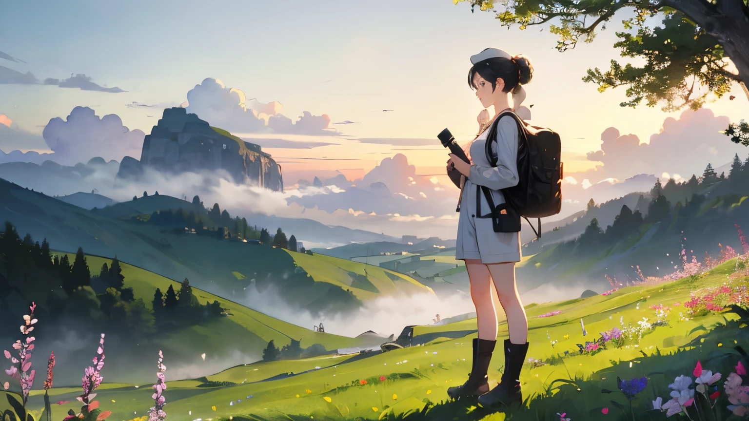 (highest quality、High resolution、masterpiece)、(Anime Art 4k)、(Photorealistic)、((Two women))、20-year-old、((Standing on a hill、It feels good、Overlooking the magnificent scenery))、 (Facial detailing)、Black Hair、 short hair、 (Put your hair up、Combing hair)、Slim figure、Small breasts、Travel preparations、blouse、Best、Jacket、Long trousers、Shorts、Trekking shoes、boots、Carry a shoulder bag over your shoulder、Small rucksack、binoculars、Tyrolean hat、Hunting Cap、Cinema Lighting、Ray Tracing、Soft Light、Welsh landscape painted on a misty morning、Create a magical scene in a misty meadow on a calm morning、Draw delicate and blurry brushwork、place々flowers bloom、(Sargent-style watercolor)、(Edmund Leighton Style)、