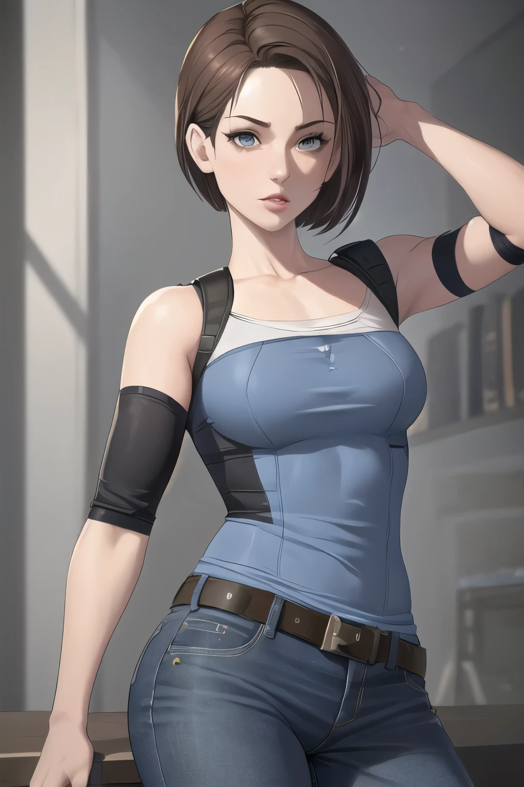 (Obra de arte, melhor qualidade:1.2), jill Valentine, 1 garota, pose lateral, she has her body on her side, de lado para o espectador, fingerless luvas, luvas, olhos azuis, cabelo curto, cabelo castanho, Sozinho, coldre, pernas abertas, seios, pants, regata, cinto, large seios, black luvas, olhando para o lado, shoulder coldre, cotoveleiras, thigh coldre, parted lips, lips, blue regata, camisa azul, contrapposto, blurry, jeans, clavicle, redesenhar, sem mangas, Jill Valentim,