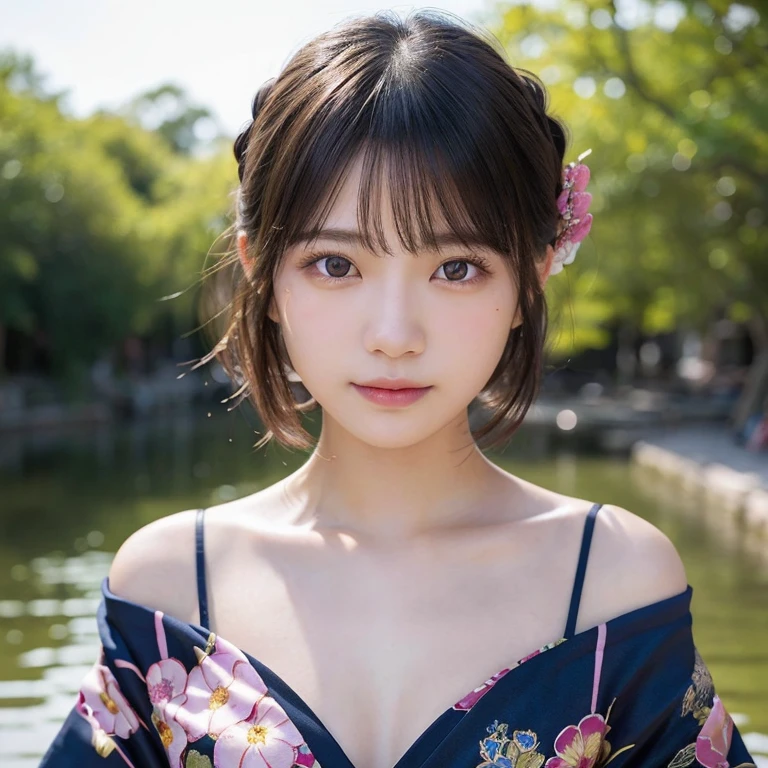 (Realistic:1.3), In detail, quality, Rembrandt Lighting, (masterpiece:1.2), (photoRealistic:1.2), (best quality), (Detailed skin:1.3), (Intricate details), dramatic, Ray Tracing, One Girl, Cute Japanese Girl, 21 years old, Detailed skin texture, (blush:0.5), Scattered under the surface, Short Hair,(blush:0.5), (It was transparent:1.2),(Face Focus:1.1),(Face close-up:1.1), Scattered beneath the surface, front, bangs, Hair between the eyes, One girl, Cute Japanese Girl,Detailed skin texture, Bare skin above the collarbone, Shoulder Bare Skin, masterpiece, 最高quality, High resolution, View your viewers, hair ornaments, _kimono,
