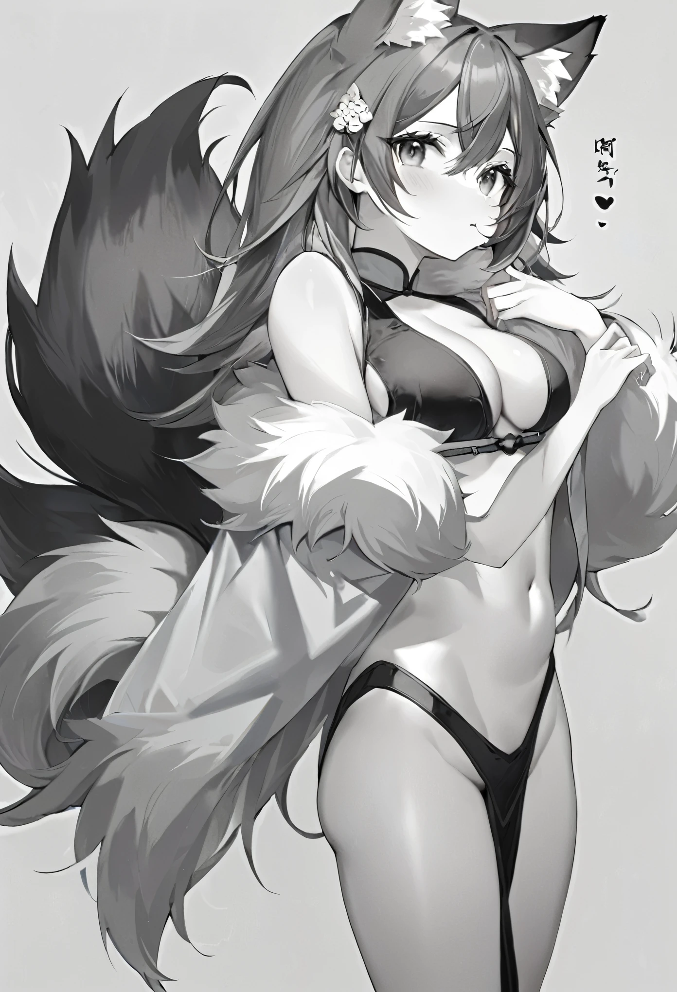 (top quality, High-quality illustrations, masterpiece) traditional Chinese ink painting, shuimobysim, badashanren:0.85, Shukezouma:0.75(highly detailed beautiful face and eyes)absurdres, perfect anatomy(1girl, kemono, solo focus)(furry)(furry anthro:1.7)(Furry body, dog facial features, dog body features)(very detailed body fur)cowboy shot, dynamic pose, grayscale,