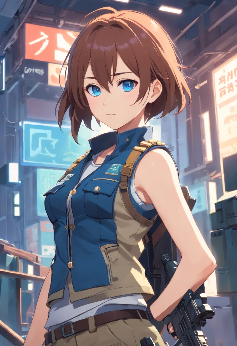 beautiful girl, The girl is wearing a bulletproof vest, (the girl has a bare stomach) the girl has blue eyes, chestnut hair, the girl has big breasts holding an M4A1S machine gun in her hands, standing in ukritia