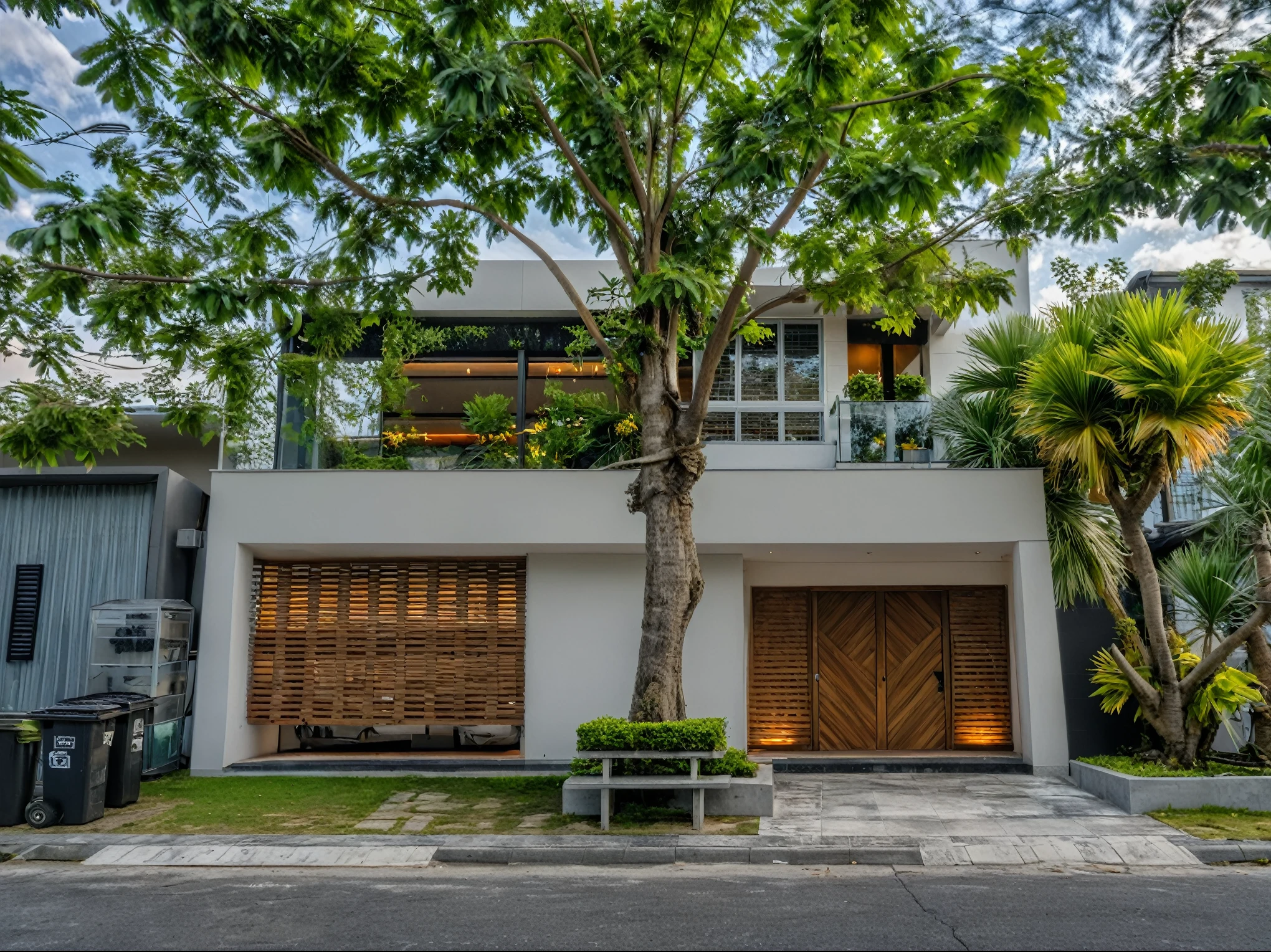 Masterpiece, high quality, best quality, authentic, super detail, outdoors, onestoreyvillaXL, aiaigroup, house style modern on the street ,stairs, white wall ,road,pavement, grass, trees, sky, cloud, (daylight:1.1)
