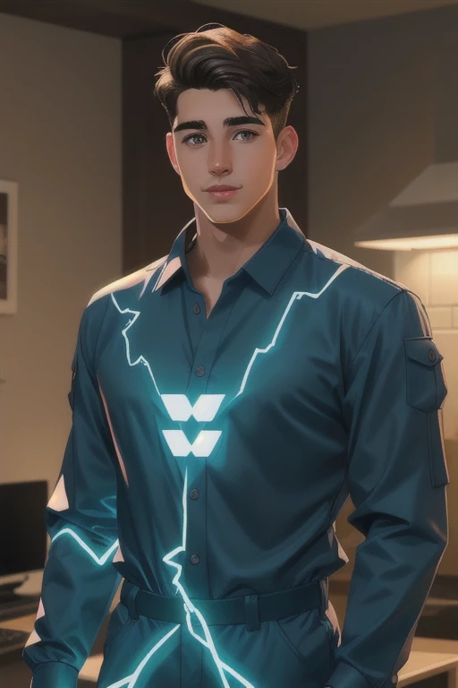 Realistic male character in his 20s, living in 2050, wearing a digital electric costume