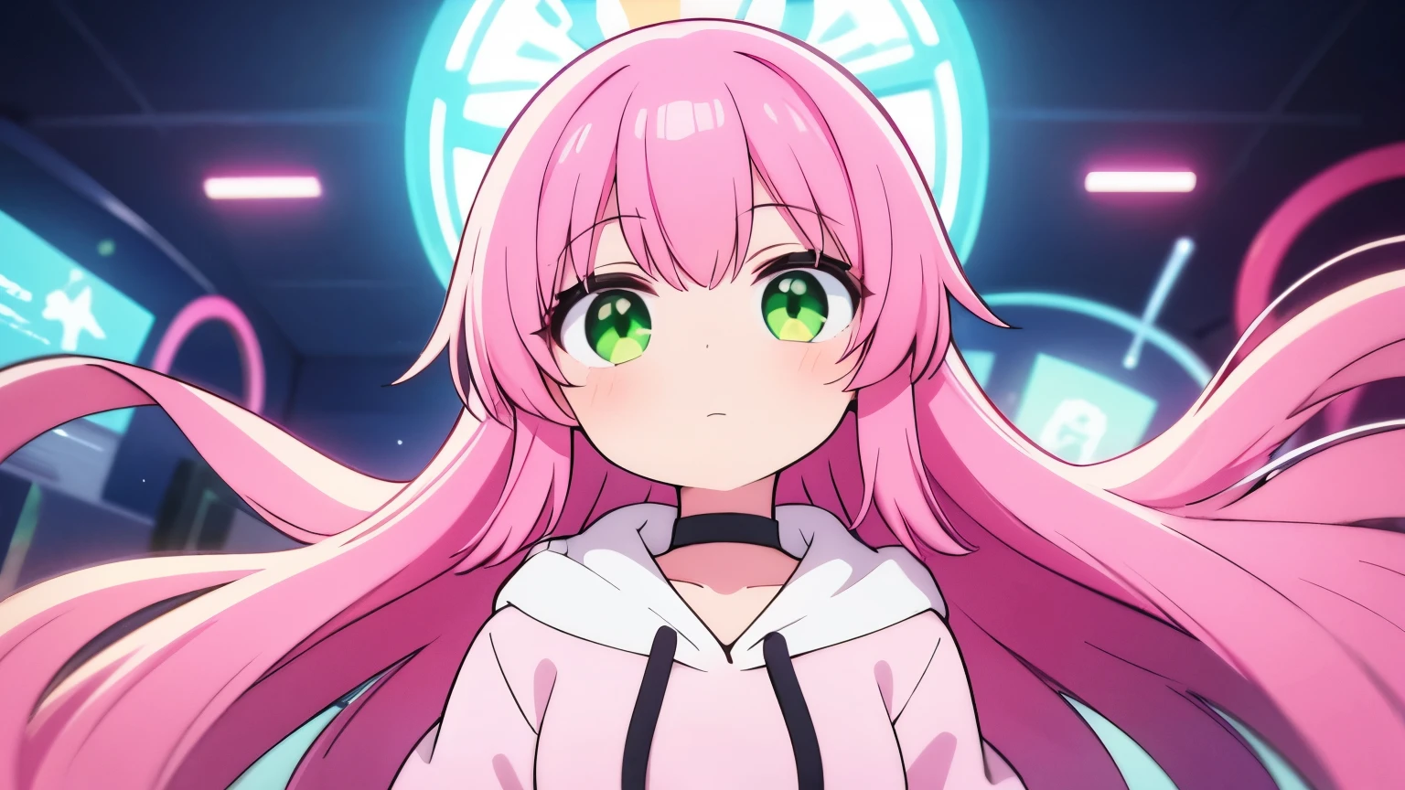 A girl with long pink hair and green eyes wearing a pink hoodie, Brave, Fantasy, Different world
