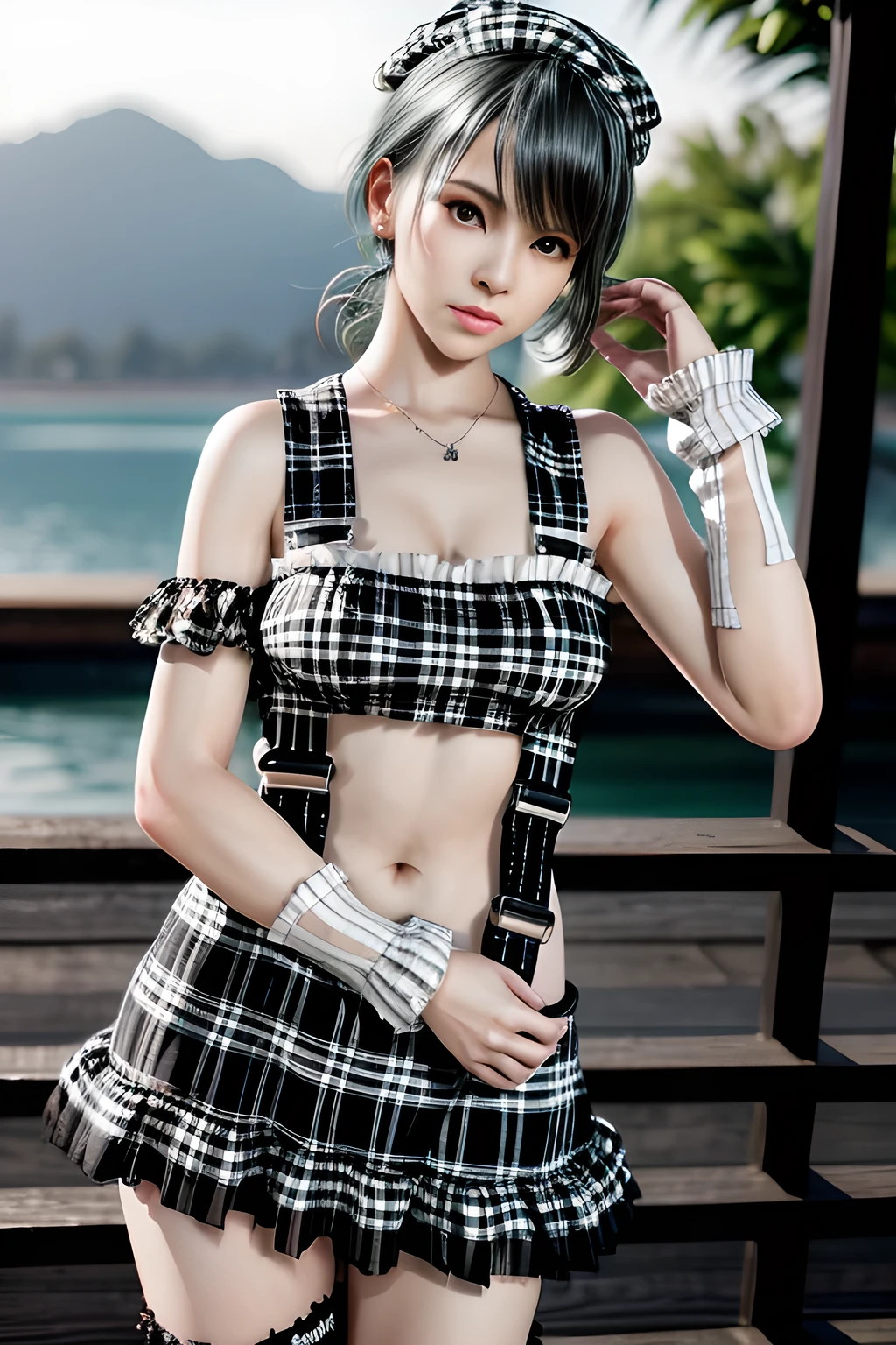 1girl, BREAK (black and white theme:1.4),  (sleeveless black and white [plaid pattern] sundress:1.4), (bare shoulders:1.3), (suspenders with frills:1.2), (tiered skirt with ruffles:1.3), (knit arm warmers:1.3),  , appealing cleavage,( beautiful tattoo:1.2), overhead view, beautiful detailed eyes, beautiful detailed lips, extremely detailed eyes and face, long eyelashes, feminine charm, detailed texture, snug fit, fashionable, soft fabric, radiant skin, (best quality,4k,8k,highres,masterpiece:1.2), ultra-detailed, (realistic,photorealistic,photo-realistic:1.37), tamaki