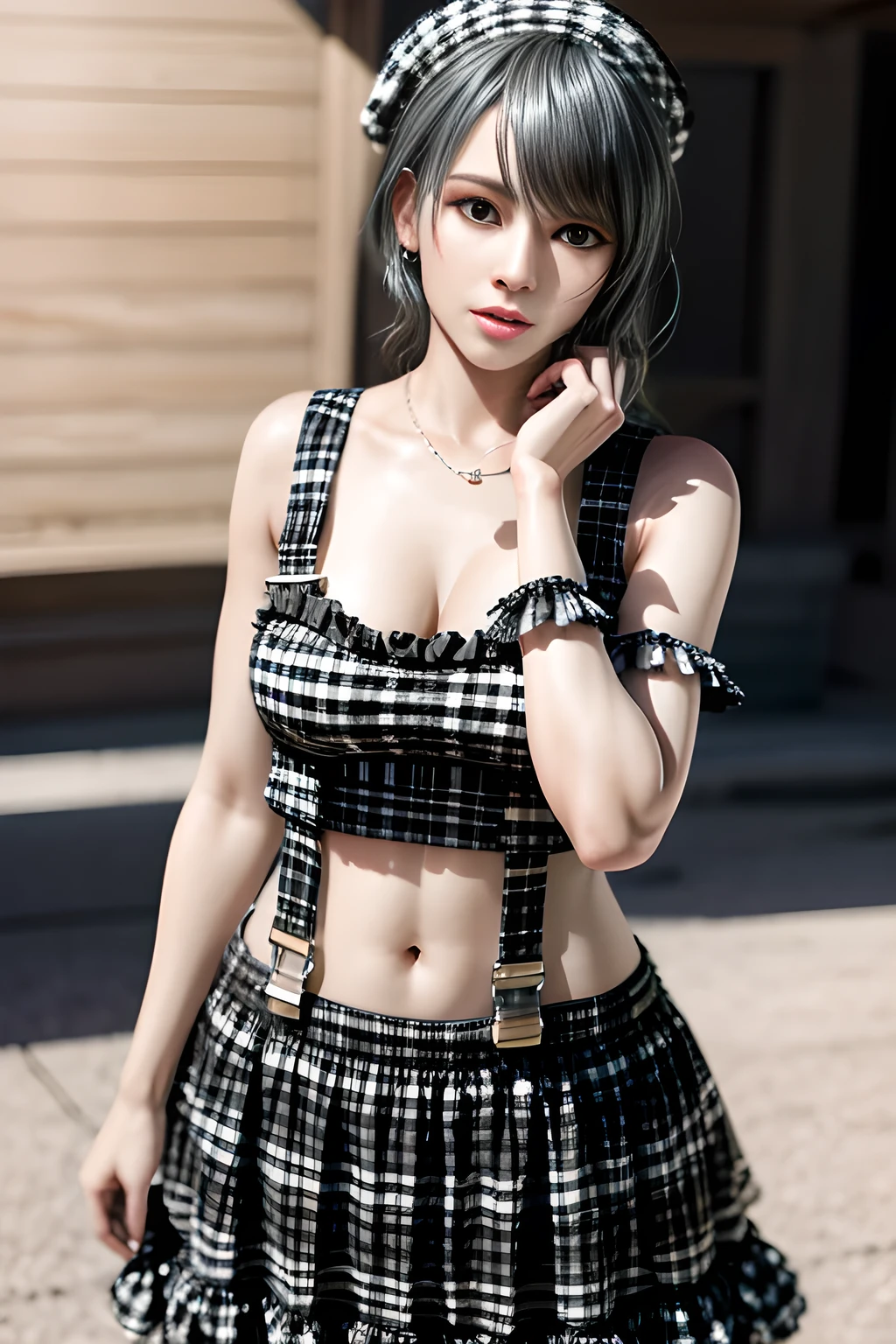 1girl, BREAK (black and white theme:1.4),  (sleeveless black and white [plaid pattern] sundress:1.4), (bare shoulders:1.3), (suspenders with frills:1.2), (tiered skirt with ruffles:1.3), (knit arm warmers:1.3),  , appealing cleavage,( beautiful tattoo:1.2), overhead view, beautiful detailed eyes, beautiful detailed lips, extremely detailed eyes and face, long eyelashes, feminine charm, detailed texture, snug fit, fashionable, soft fabric, radiant skin, (best quality,4k,8k,highres,masterpiece:1.2), ultra-detailed, (realistic,photorealistic,photo-realistic:1.37), tamaki