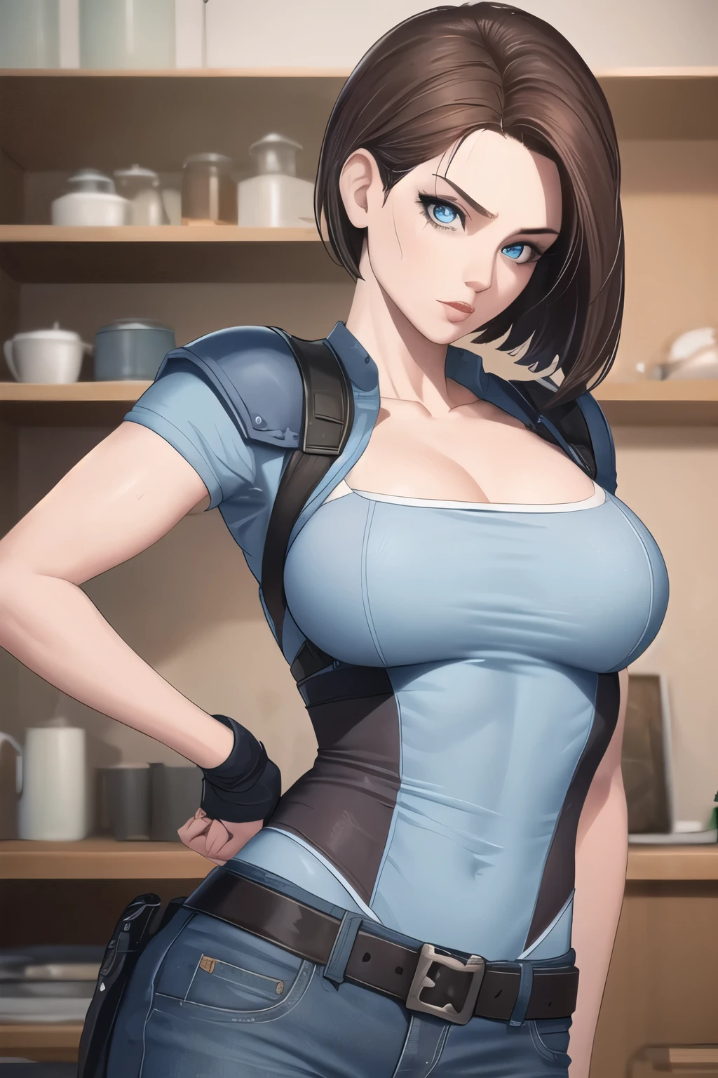 (Obra de arte, melhor qualidade:1.2), jill Valentine, 1 garota, pose lateral, she has her body on her side, de lado para o espectador, fingerless luvas, luvas, olhos azuis, cabelo curto, cabelo castanho, Sozinho, coldre, pernas abertas, seios, pants, regata, cinto, large seios, black luvas, olhando para o lado, shoulder coldre, cotoveleiras, thigh coldre, parted lips, lips, blue regata, camisa azul, contrapposto, blurry, jeans, clavicle, redesenhar, sem mangas, Jill Valentim,