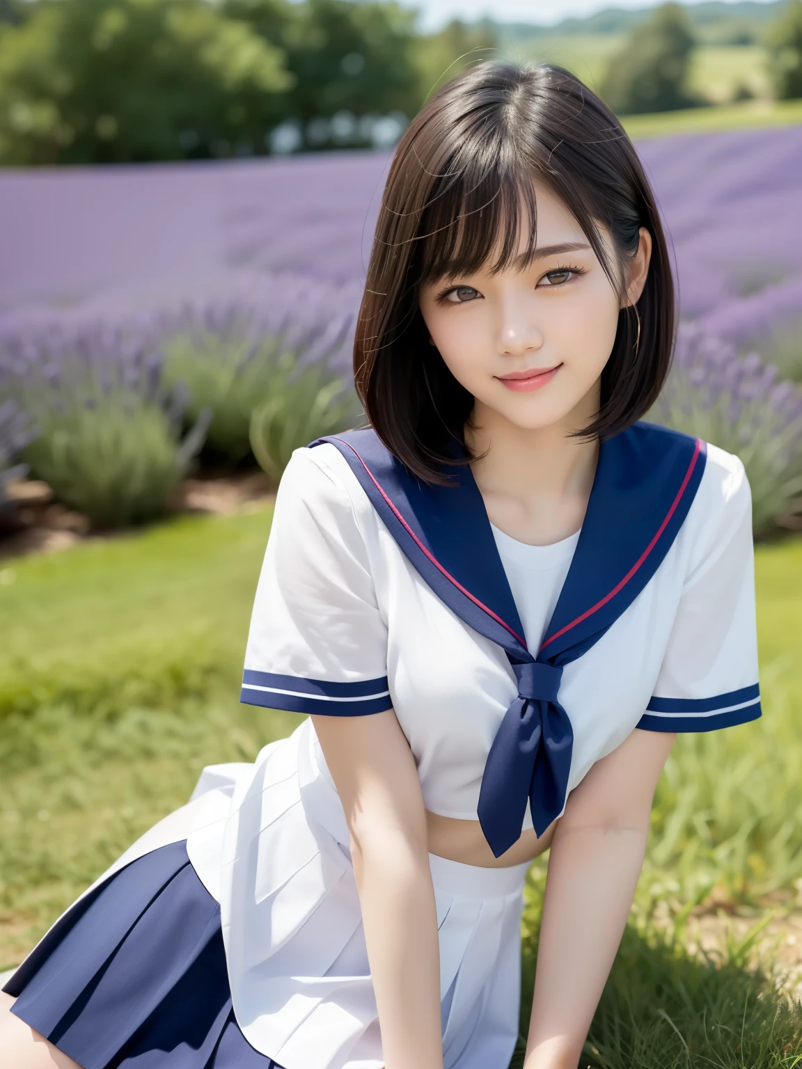 (highest quality:1.5)、(Realistic:1.5)、(1 person:1.5)、Very detailed、High resolution、8k、medium breasts、Natural color lips、Cute Smile、Japanese women、20-year-old girl、Beautiful and elegant face、Perfect and beautiful face、Balanced big eyes、Brunette eyes、Beautiful and elegant face、Natural double eyelids、Natural Bangs、Beautiful thin nose、Beautiful Skin、(Medium Bob Hair)、Natural Bangs、Perfect and beautiful face、Slim face and figure、Look at the viewers、School Sailor Uniform、White short-sleeved blouse shirt, navy pleated micro miniskirt,、Knee-high socks、Beautiful navel、Open the navel、臍が見えるSchool Sailor Uniformを着ている、High-angle composition、(Staring at the camera with a sweet smile)、Bright lighting、Professional Lighting、Forward lighting、Beautiful feet:1.2、Smooth Skin、Slim Body、Slim waistline、slim thin thighs、Sit on the ground、Cleavage、Lavender Fields、Lavender blooming hill、