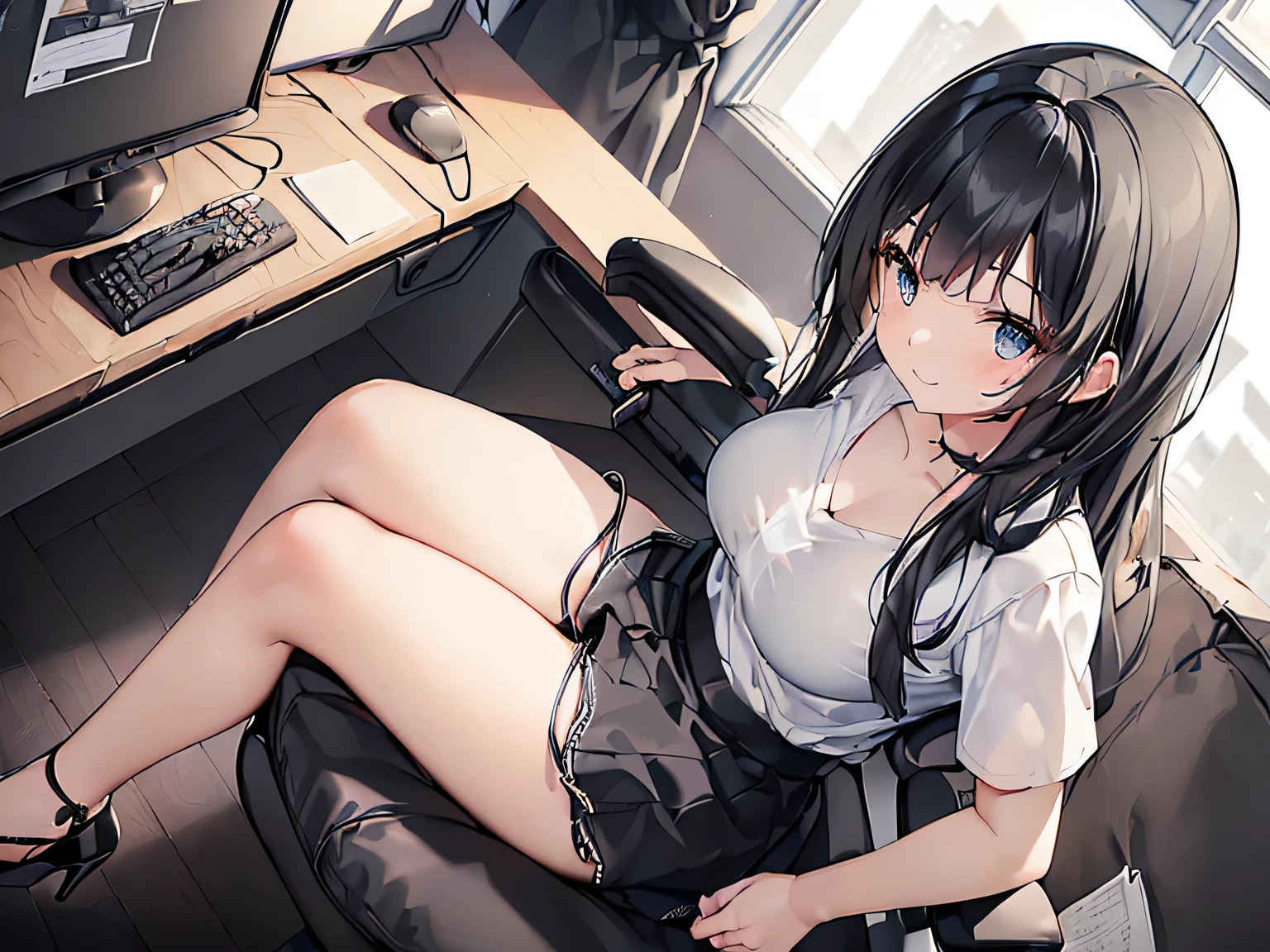 One Woman、beautiful girl、Sit on a chair、Dark Room、computer、Sit in a gaming chair、High-end headphones、Grip the game controller、Plastic bottle on the desk、computerに向き合う、beautiful girl, Highest quality, T-Shirts、Short skirt、Thick thighs、Big 、Big Ass、Black Hair、long hair、Bangs、Sweaty body、I'm sweating all over、Lewd sound effects、Stripes々Panties