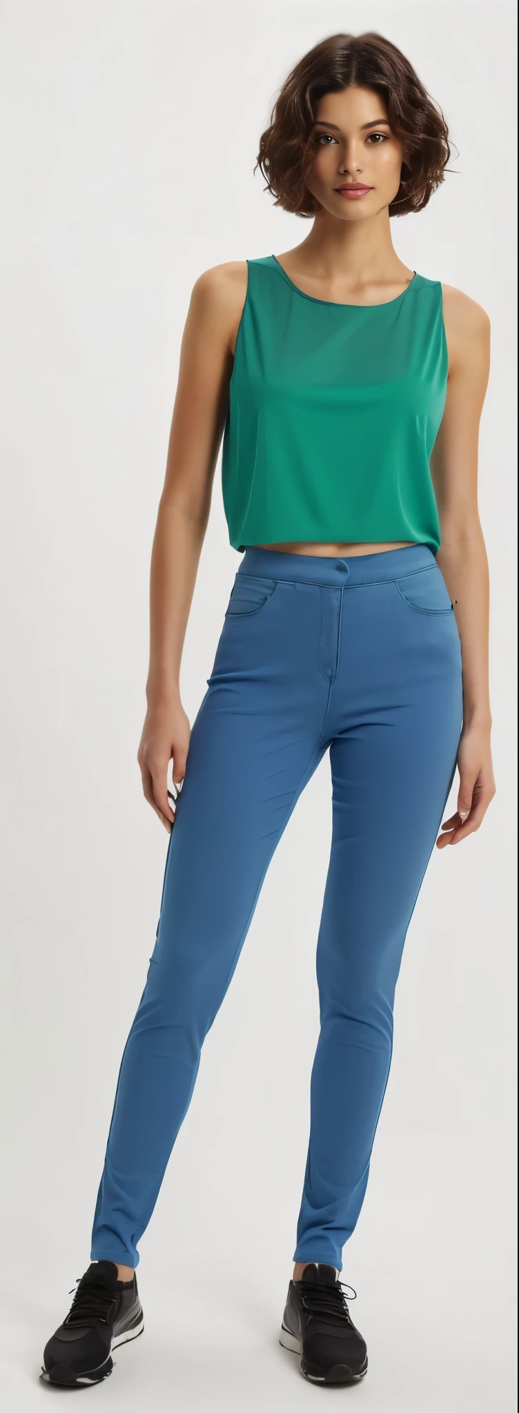 a white woman in a green top and blue perneiras stands in front of a white background, perneiras, imagem detalhada do produto, forma tonificada, perneiras, sao paulo, perto de um magro, smooth body features, tom legal, solid color, blue pants, pele firme, cintura fina e quadris grossos, cintura fina, corte superior, cintura fina, vestindo roupas simples e justas
