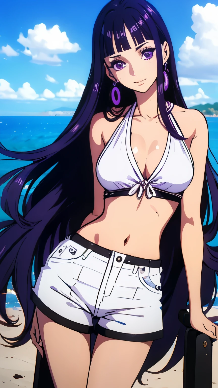 A young girl, long black wavy hair with purple highlights, Galactic purple eyes, bangs, light skin ,Correct eyes and long eyelashes, Top without stain and shorts ,36dd breasts , Upper body view ,8k quality One piece style,Ocean and ship view