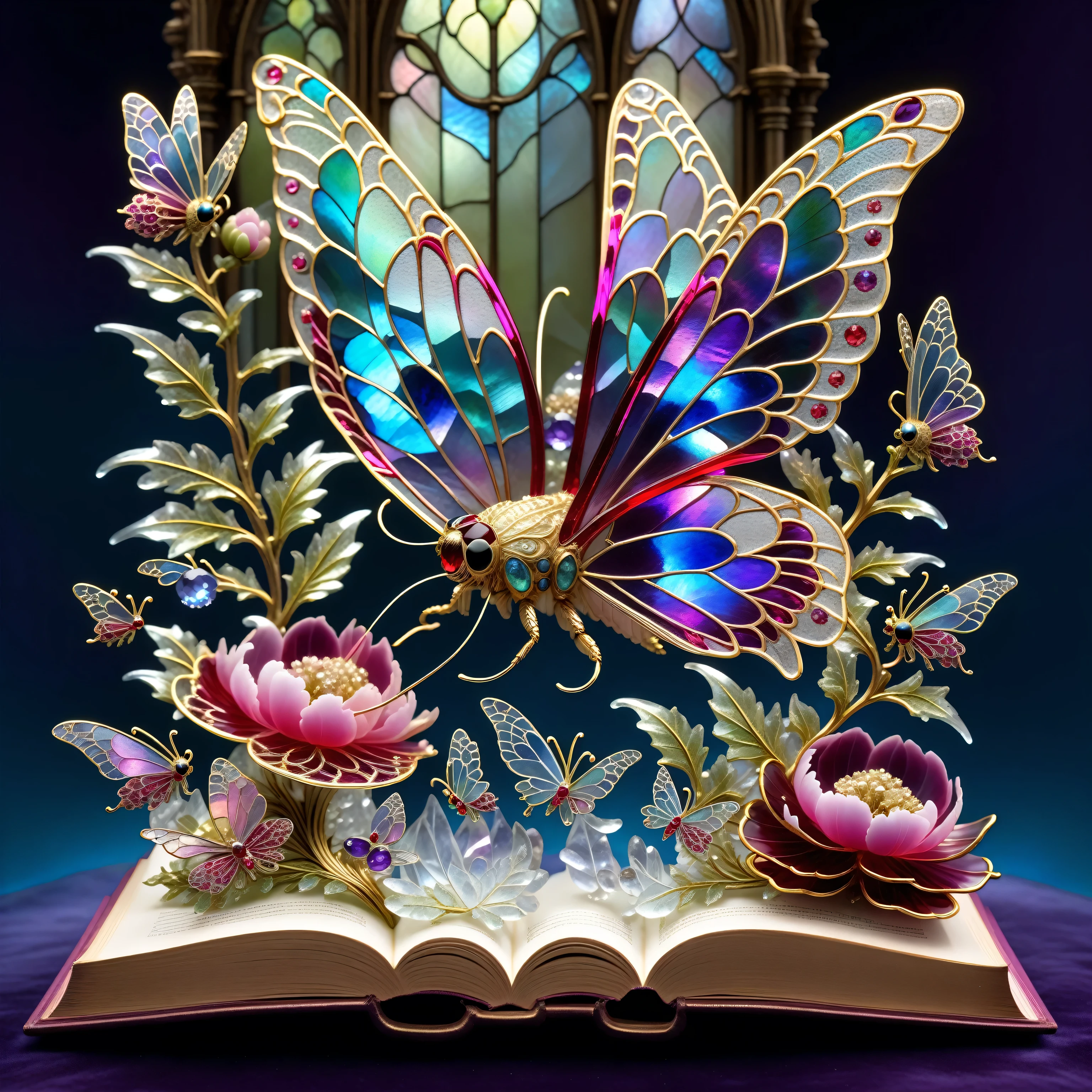 triadic colors, cinematic, official art, close fairytale transparent glass moth ruby peony flowers, ice hoarfrost, baroque, Craola, highly detailed stained glass wings, amethyst crystals, labradorite iridescent crystals, Andy Kehoe, John Blanche, complex highly detailed background, book detailed illustration, fantasy, filigree, filigree detailed, intricated, cute