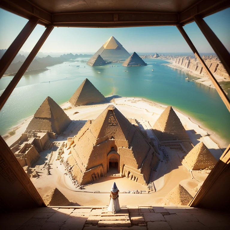 (1 beautiful white Egyptian woman (dressed in mesh) (full body photo), (beautiful detailed face 4k). ((looking at the horizon from the top of a pyramid)). (cinematic shot)(ultra-realistic details, 8k One ( (beautiful woman looks in amazement from inside the pyramid))((Home)) the (beautiful exterior landscape of the ancient Egyptian civilization), long shot, the Nile River, the new pyramid, the construction of the pyramid, the Egypt modern, but 3500 BC The river extends to the horizon. Surrounded by Water and forest. (oasis). epic feeling, View from inside, top of a pyramid (the tallest).
