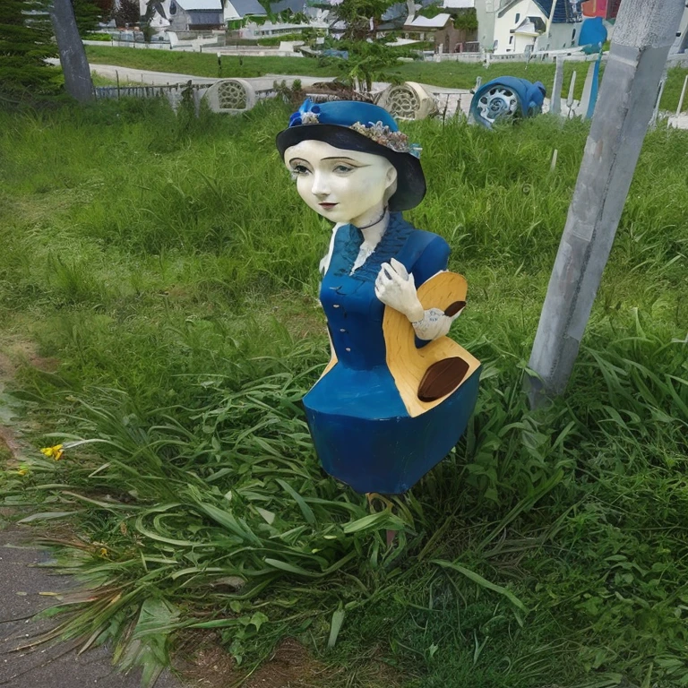There is a statue of a woman wearing a blue dress and hat., Highly artistic, Very artistic, Wooden statue, Strange works of art, A wonderful masterpiece, Masterpiece of Art, Unusual configuration, Small stature, Public Art, Amazing details, Whimsical art, Very neat, extremely coherent, random detail, extremely coherent image, Inspired by Mary Adhead, A wonderful masterpiece