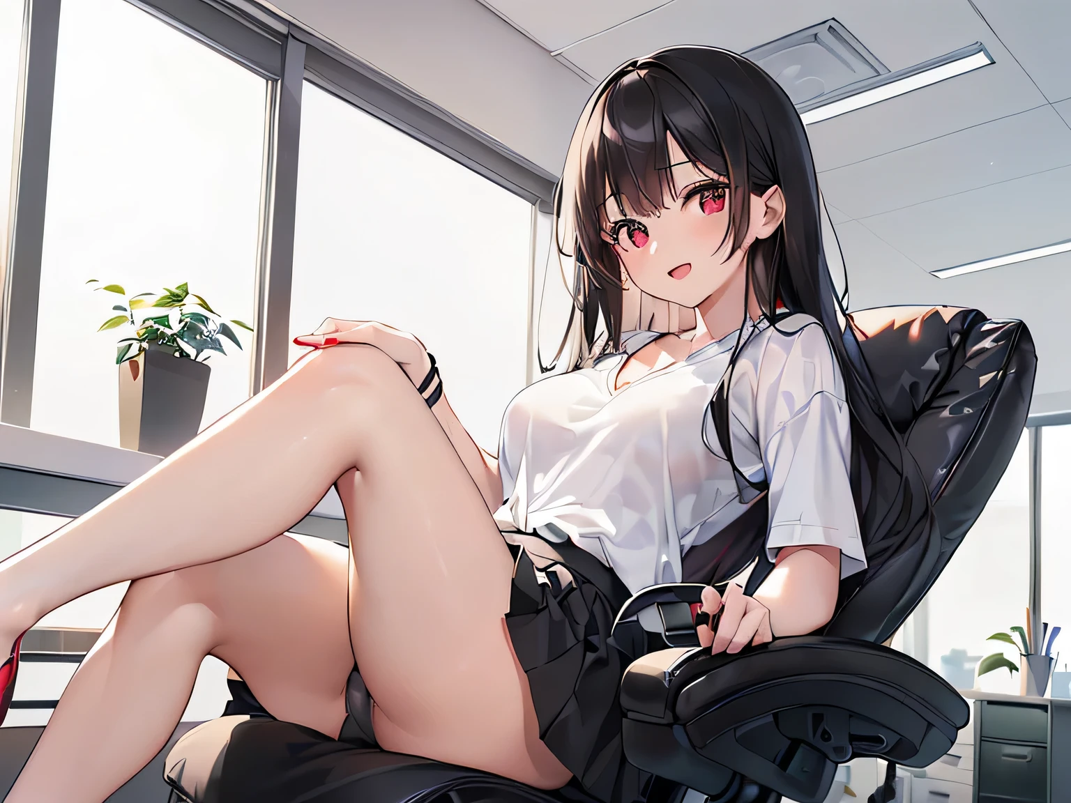 (Masterpiece, highest quality, high resolution, realistic photos, realistic looking skin:1.1),
(Woman sitting cross-legged in office chair in office:1.8),
(Her skirt is so short you can almost see her panties: 1.8),
(She looks happy:1.5),
(She is wearing a gray mini skirt and a gray blazer suit: 1.5),
(She is wearing a V-neck T-shirt under the suit:1.5),
(She is wearing pumps:1.5),
(Her panties are red with a pattern: 1.5),
(She has long black hair:1.5),
(The location is an office chair in an office:1.5),
1 Japanese girl, solo, full bodied esbian, beautiful eyes, glowing eyes, glowing thighs, NSFW