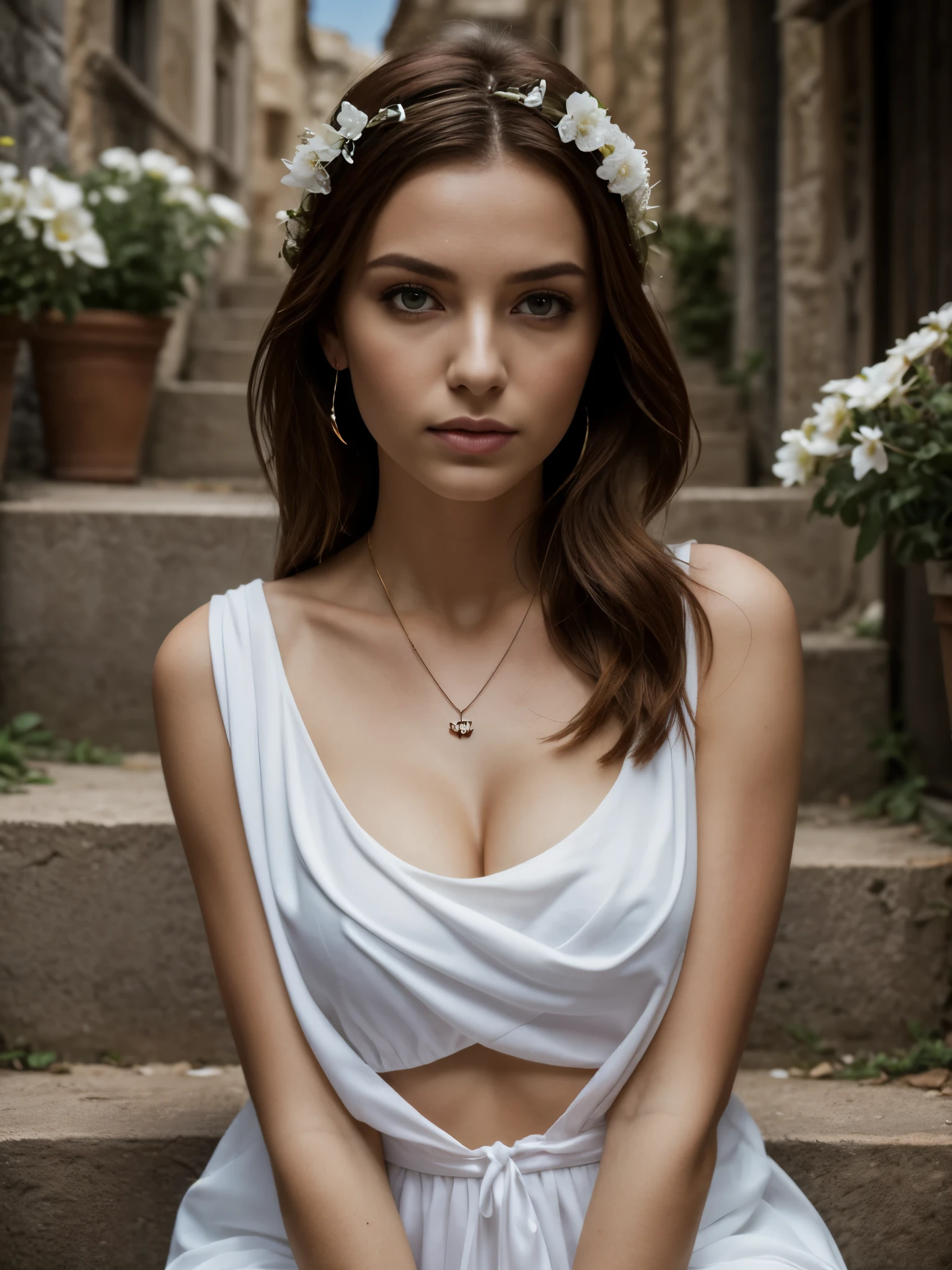 (YES SFW), documentary photo of a gorgeous 30yo redhead woman sitting on stairs in a alley of Matera, (beautiful face:1.3), angelic face, real skin pores, skin imperfections, perfect face. Long loose hair, an artistic wreath of white flowers surrounds her head. Sitting in sassi_di_matera. Green eyes, necklace and earrings, slightly open mouth, moles on skin. She wears the classic white vestal toga of the ancient Greeks, bare shoulders, sleeveless. Sensual and alluring posture. Clear blue cloudy sky. photorealistic shoot. The character is surrounded by mist, evoking a mysterious and eerie atmosphere. The lighting is dark and atmospheric, with a red smoke adding a touch of sinister ambiance. The image is of the best quality, with a resolution of 4k and HDR enhancement, showcasing the utmost level of detail and realism, full body shot.