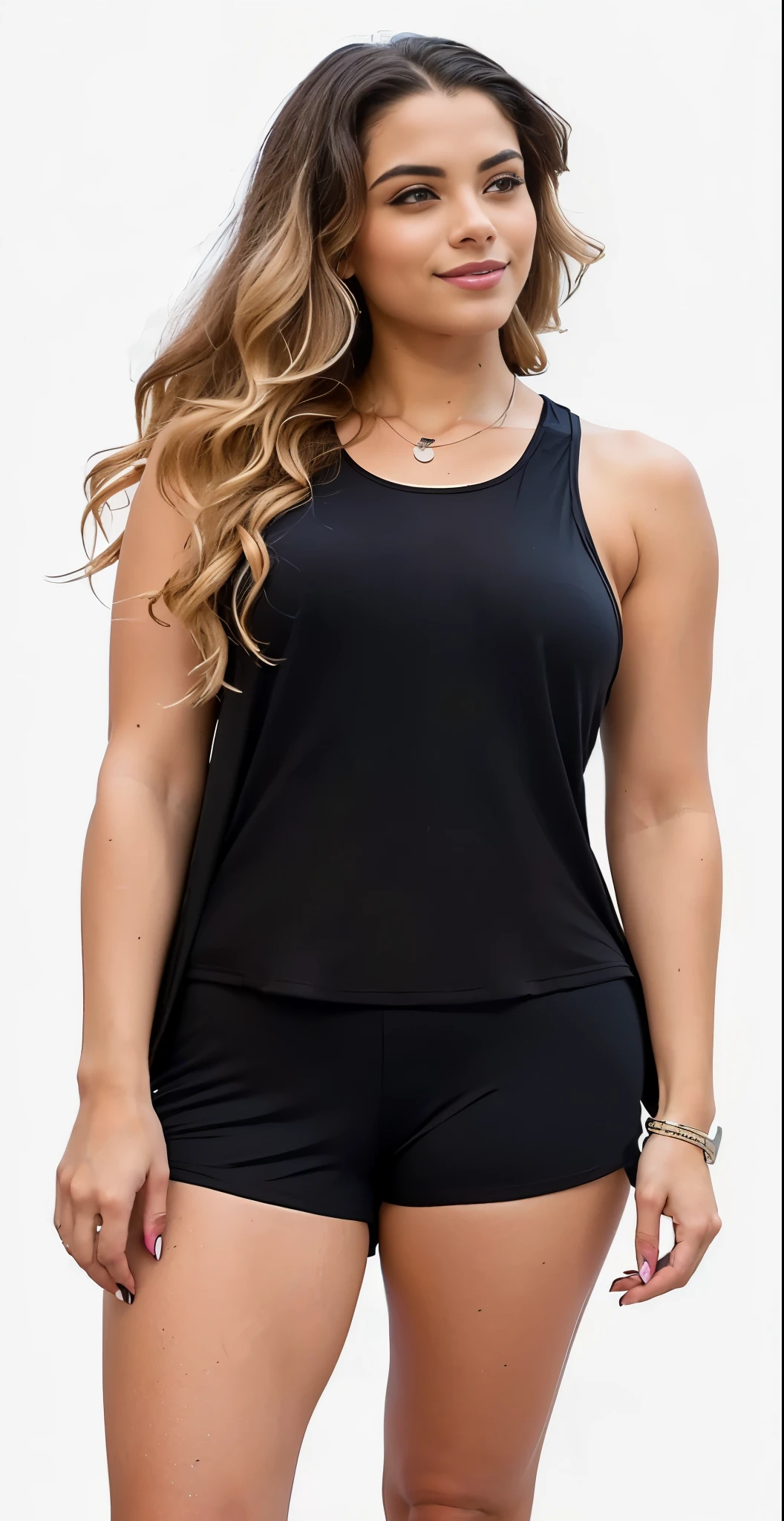 a woman in a preto regata and blue shorts posing for a picture, preto regata, she is wearing a preto regata, preto tanktop, tight preto tanktop, preto halter top, preto top, tight preto regata and shorts, tops sem mangas, tight fitted regata, regata, wearing a preto cropped regata, preto vest, preto
