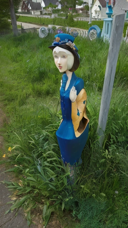 There is a statue of a woman wearing a blue dress and hat., Highly artistic, Very artistic, Wooden statue, A wonderful masterpiece, Masterpiece of Art, Unusual configuration, Small stature, Public Art, Amazing details, Whimsical art, Very neat, extremely coherent, random detail, extremely coherent image, Inspired by Mary Adhead, A wonderful masterpiece