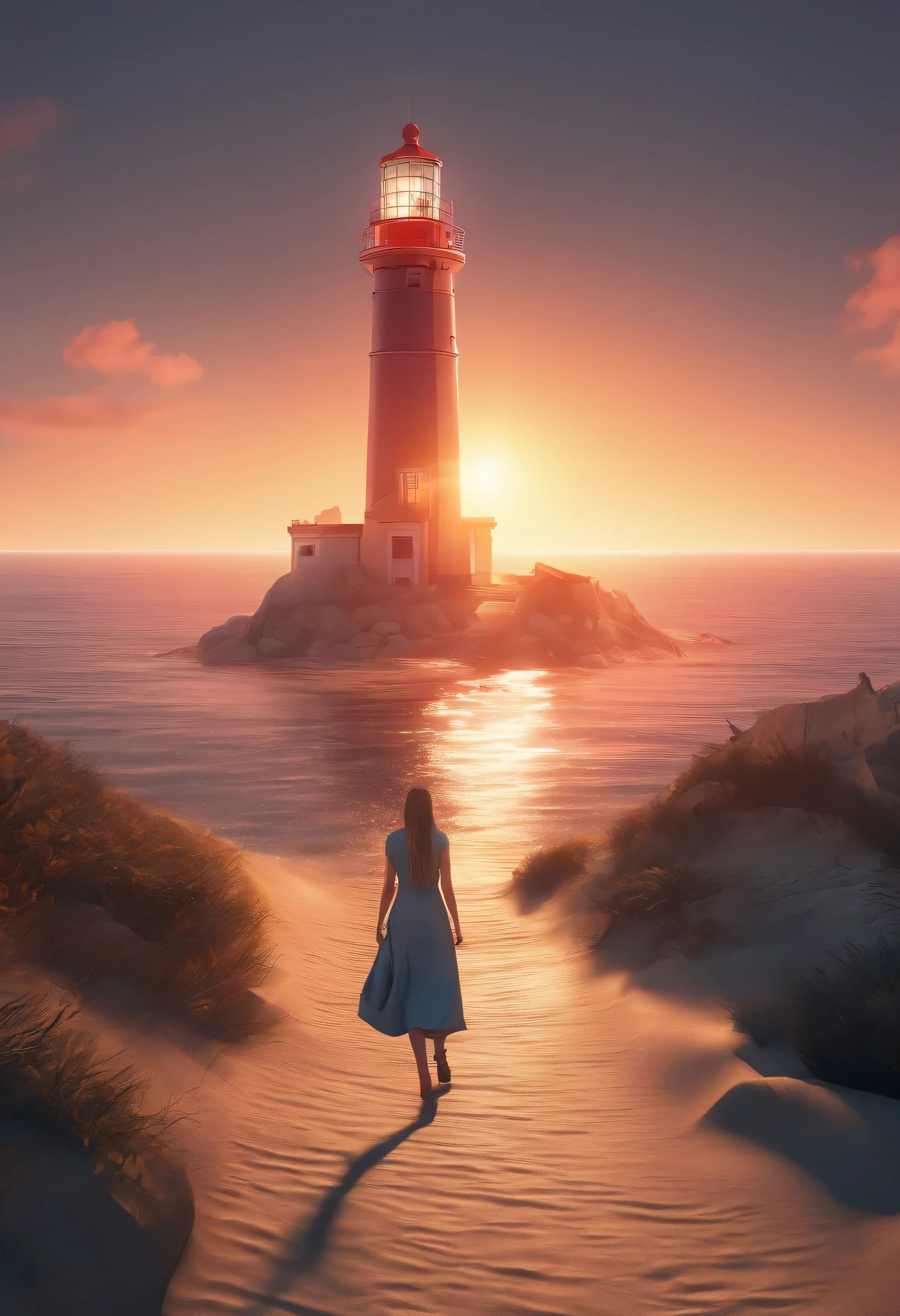 a woman walking towards a lighthouse with a flashlight in her hand