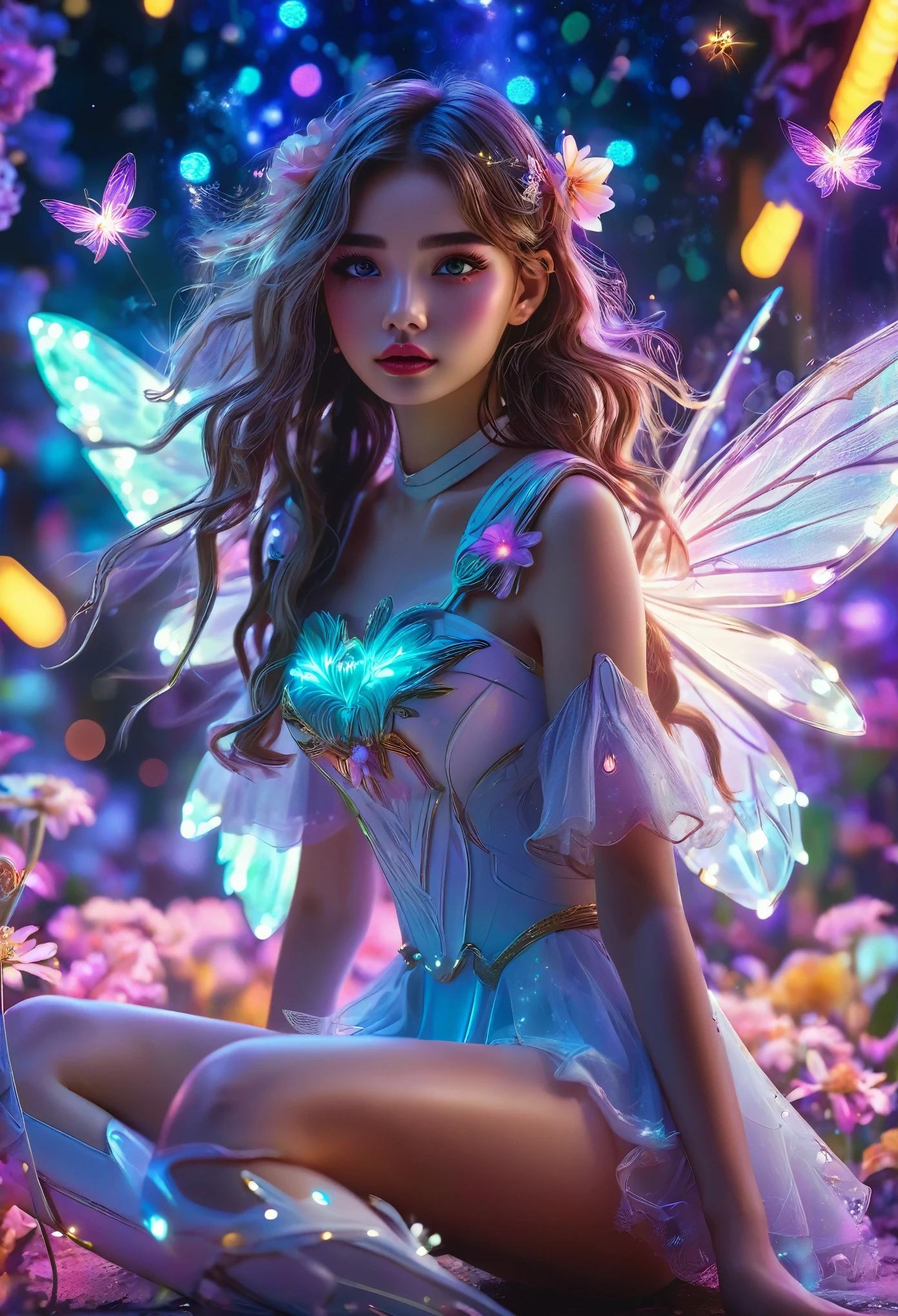 ((knee shot)), ((Two girls)), ((Long shot)),4k ultra hd, masterpiece, a girl, good face, detailed eyes, detailed lips, flower fairy girl, neon lights, Standing posture, (galaxy background:1.5), in the heaven,