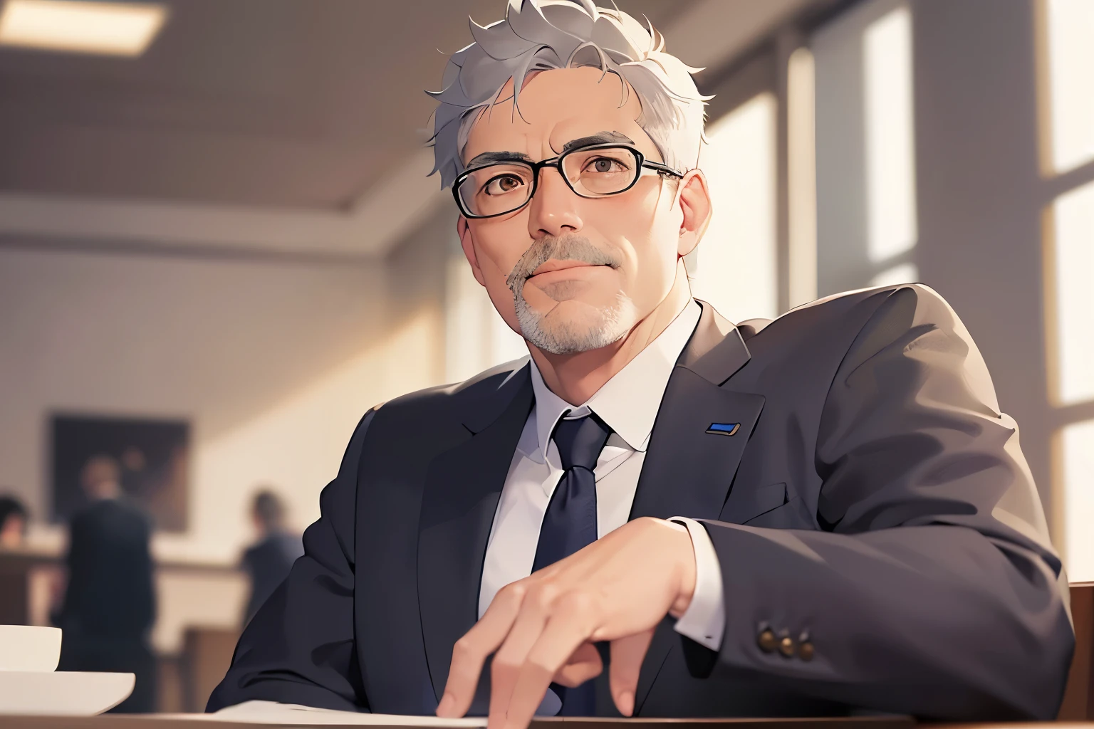 Raising hand, smile, open mouth, dutch angle, masterpiece、high quality、(A 50-year-old man with short grey hair and brown eyes:1.5)、Wearing a grey suit、 The background is the conference room、Alone、Bold composition、Sitting