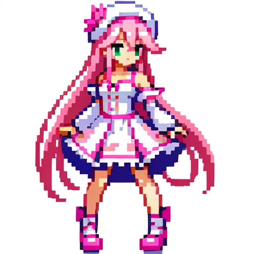 Pixel art, full body, facing left (important), pink and white, holding a spear, magical girl, beret, long hair, loose, showing shoulders. Hair color: Soft, pale pink hair. Eye color: green eyes. Clothes: Clothes based on white and pink. She wears a white, short-sleeved, off-the-shoulder top with a pink collar and buttons that reveal her collarbone, and a skirt shaped like downward-pointing lotus petals. Also, the reason why the skirt is jagged is because it resembles flower petals. Accessories: A pink flower decoration is attached to the right hair. Weapon in hand: A long spear with pink and white decorations.