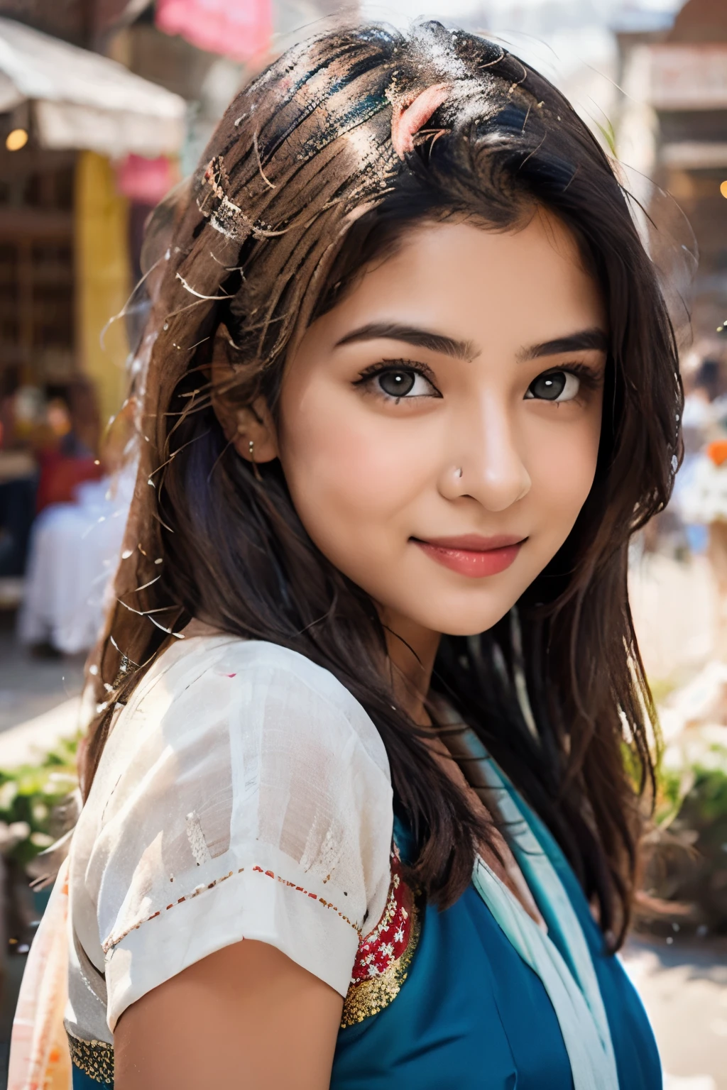 masterpiece, centered, ****ung Indian woman with a cute and radiant face, featuring exquisitely detailed eyes, expressing a mix of shyness and joy, dressed in vibrant traditional Indian attire. She has a slim figure and medium-sized breasts. Generate an 8k image, risbeauty indian,
