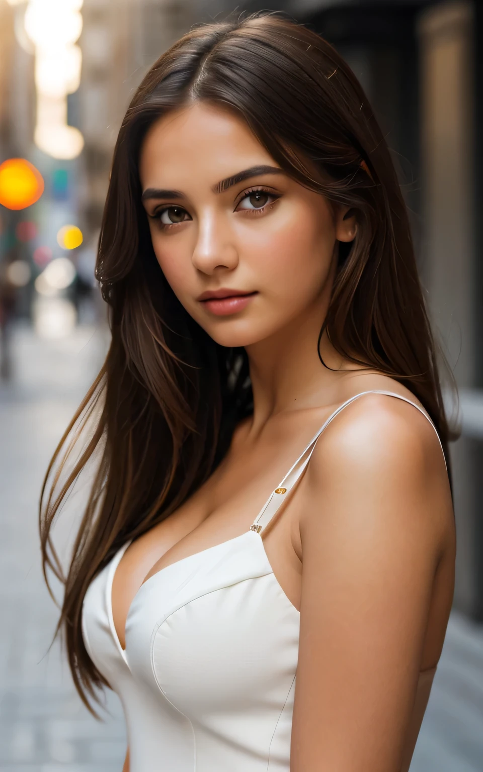photography of 2 stunning girl, in the city, enjoying, girl, summer, hot girl, (((small bust))), brunette hair, long_hair, looks into the camera, symmetrical face, photorealistic, photography, spectacular lighting,, gorgeous, cleavage, western, (masterpice), best quality, high resolution, extremely detailed, skin with pores, blurred background, depth of field, cinematic lighting,whole person photo