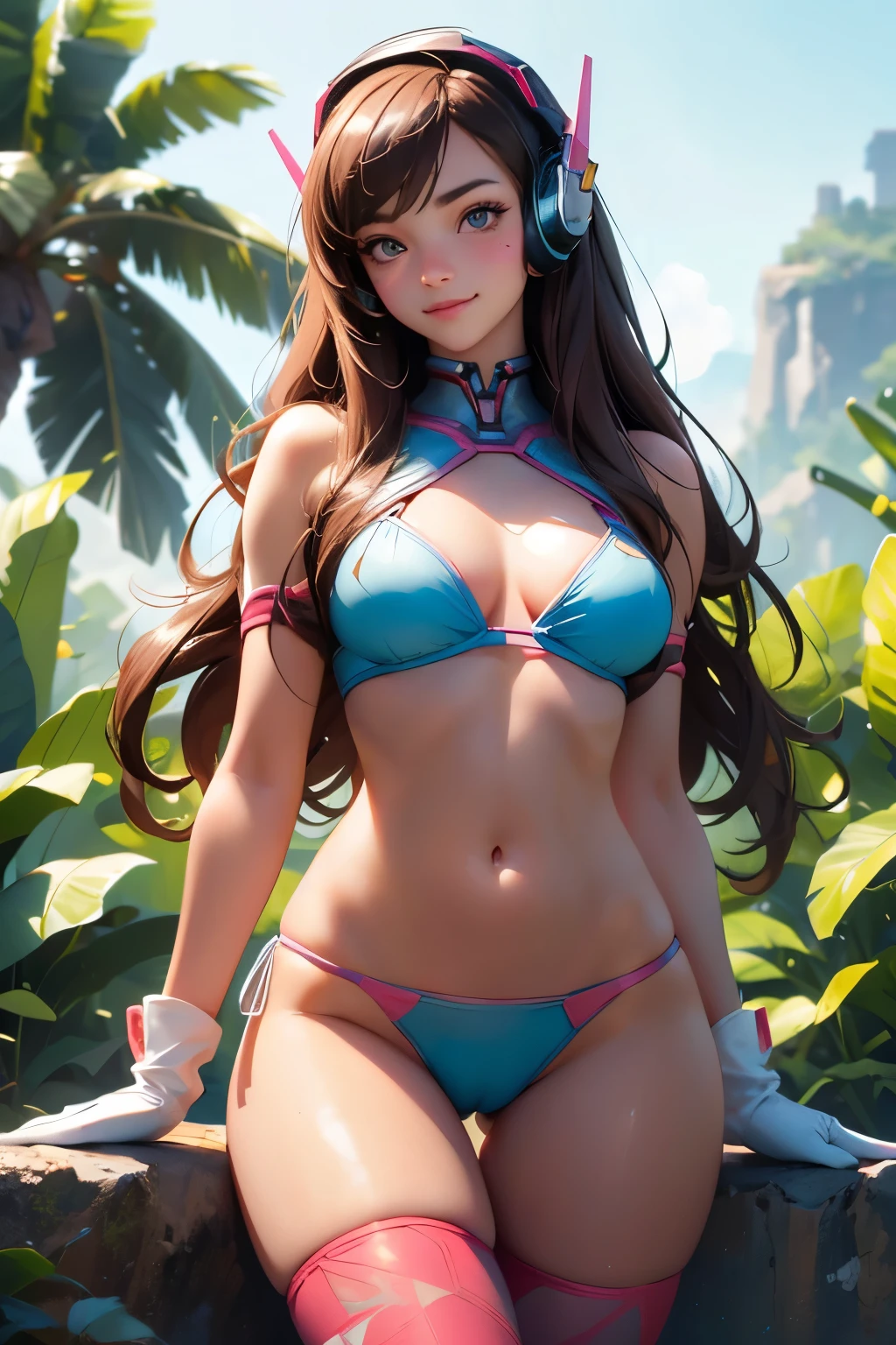 1girl, relaxing on a picturesque beach, tropical paradise, (masterpiece), (best quality), aahana, hana, dva, long hair, brown hair, headphones, whisker markings, white gloves, sexy bikini, ((detailed)), ((best quality)), ((masterpiece)), extremely detailed CG unity 8k wallpaper, 32k, focus sharp, photo of perfecteyes eyes, perfecteyes eyes, Masterpiece, raw, beautiful art, professional artist, 8k, very detailed face, very detailed hair, perfectly drawn body, beautiful face, very detailed eyes, smiling, rosey cheeks, intricate details in eyes, perfect fit body, beautiful body, extremely detailed, intricate details, highly detailed, sharp focus, detailed skin, realistic skin texture, texture, detailed eyes, high resolution, kodak vision color, foto_\(ultra\), post-processing, maximum detail, roughness, real life, ultra realistic, photorealism, photography, absurdres, RAW photo, highest quality, high detail RAW color photo, professional photo, extremely detailed UHD 8k wallpaper unit, best quality, highres, (masterpiece, top quality, high resolution:1.4), photo, cinematic, film grain, sharp, soft natural light, magic photography, super detailed, anatomically correct, perfect anatomy, cameltoe.