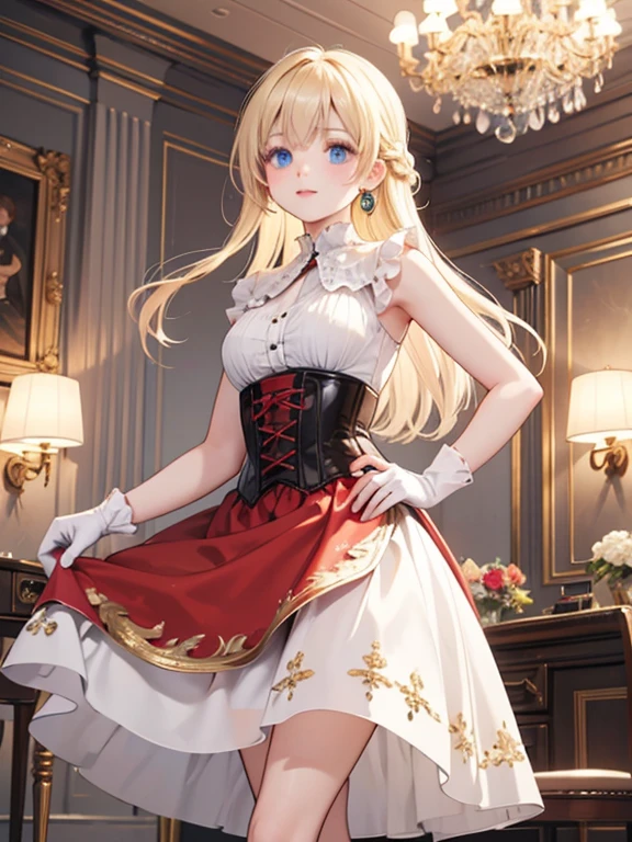 masterpiece, highest quality, Very detailed, 16k, Ultra-high resolution, Wide-angle shot, ****************, Perfect Fingers, Detailed face, blue eyes, Blonde, Braid, Long Hair, Red gorgeous dress, corset, Long Skirt, Drawers, White long gloves, royal palace, Dance Venues, Evening Party, chandelier, Nobles in the background