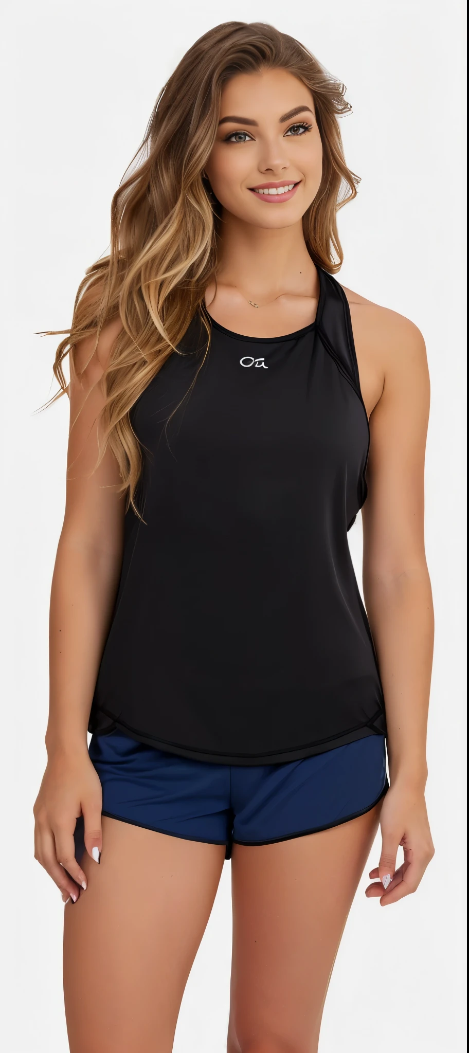 a woman in a preto regata and blue shorts posing for a picture, preto regata, she is wearing a preto regata, preto tanktop, tight preto tanktop, preto halter top, preto top, tight preto regata and shorts, tops sem mangas, tight fitted regata, regata, wearing a preto cropped regata, preto vest, preto