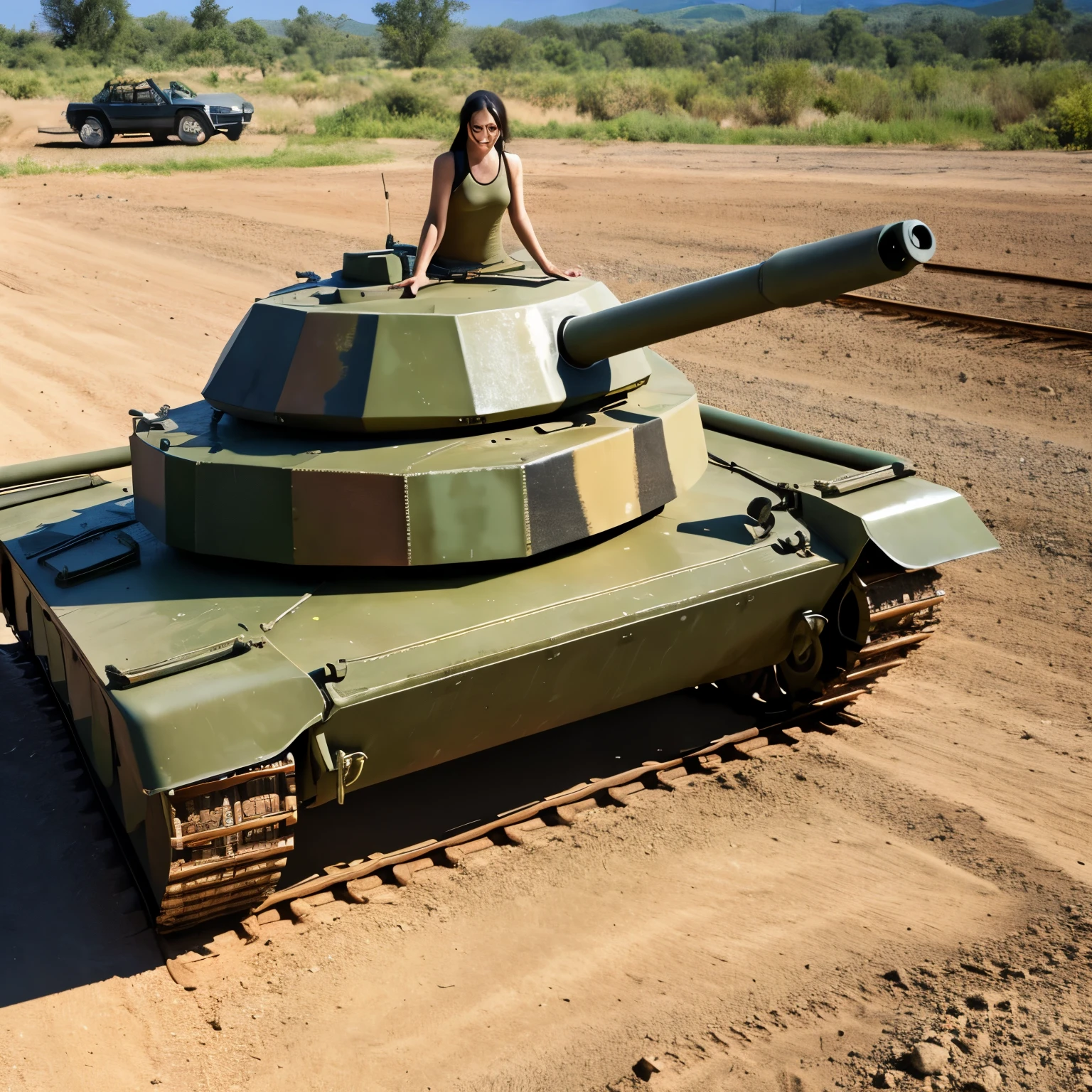 (8k), hyper-realistic, high detail, ((full length woman in sexy camouflage bikini lying on tank)), woman with tank in background, brunette goddess, sexy camouflage bikini, angelawhite, sexy girl, brunette, sexy camouflage bikini, stunning view, brunette on a military training ground, teasing, very sexy, sultry and alluring, sexy look, gorgeous brunette, in a camouflage bikini, busty, very sexy outfit, (pictured below), stands out in panties)