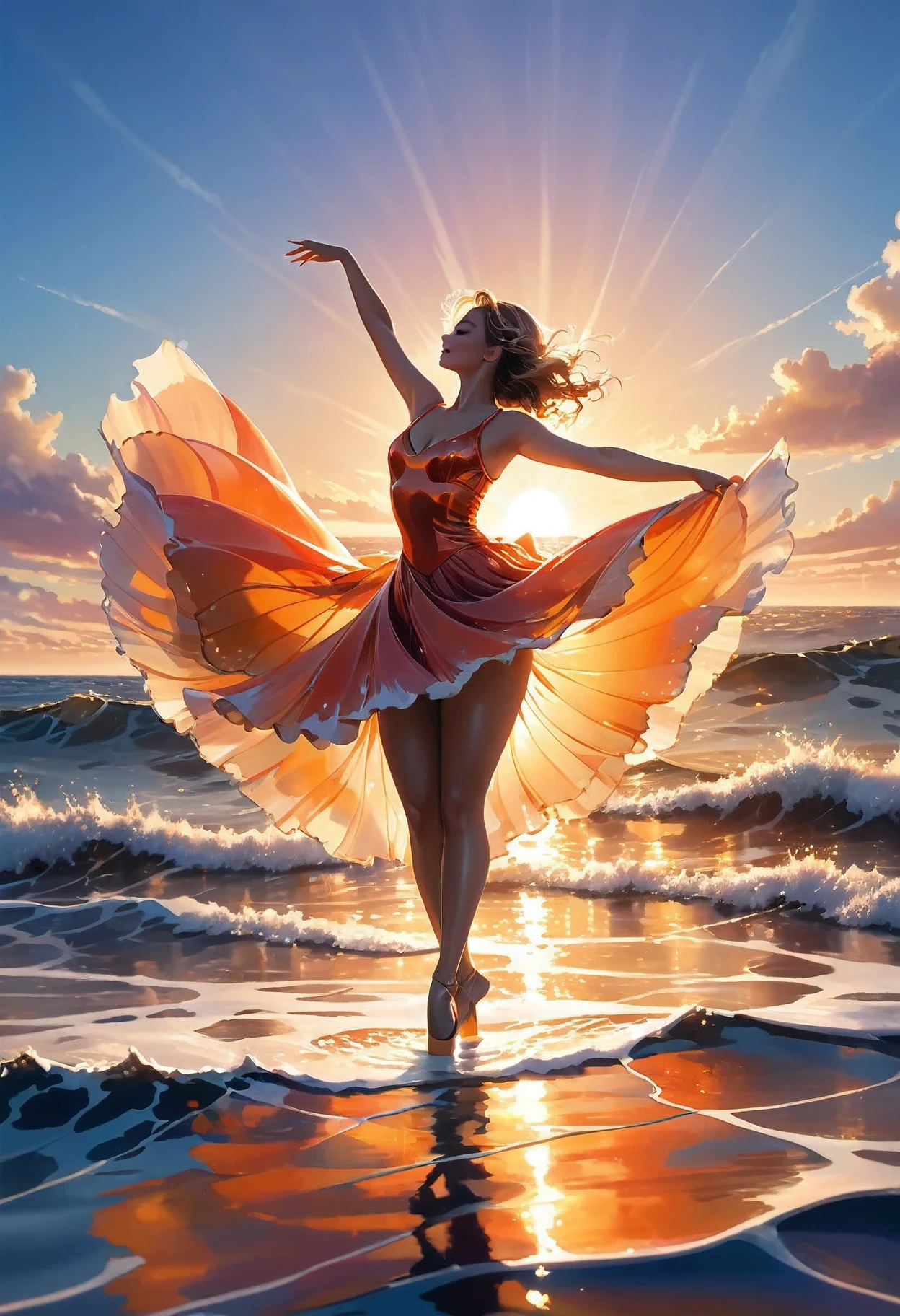 (Dancers on the Sea Surface:1.2), with graceful arms outstretched and twirling skirt, graces on the Golden_Sea Surface in a breathtaking ultravarium realism , full body panorama, the sunset, bathed in (hues_orange and hue_red), casts its warm_glow across the scene, reflecting off the shimmering ocean waves,. the dancer's form is intricately detailed, every curve and muscle visible in this high-definition, realistic rendering, textured Splash on the Sea Surface beneath her feet seems to come alive as the sunlight dances upon it, while the sky above is alive with vivid hue_ultraviolet that add an ethereal quality to the scene, She (Dancing on the Sea Surface),8k 16k ,uhd,masterpiece, trending on artstation 