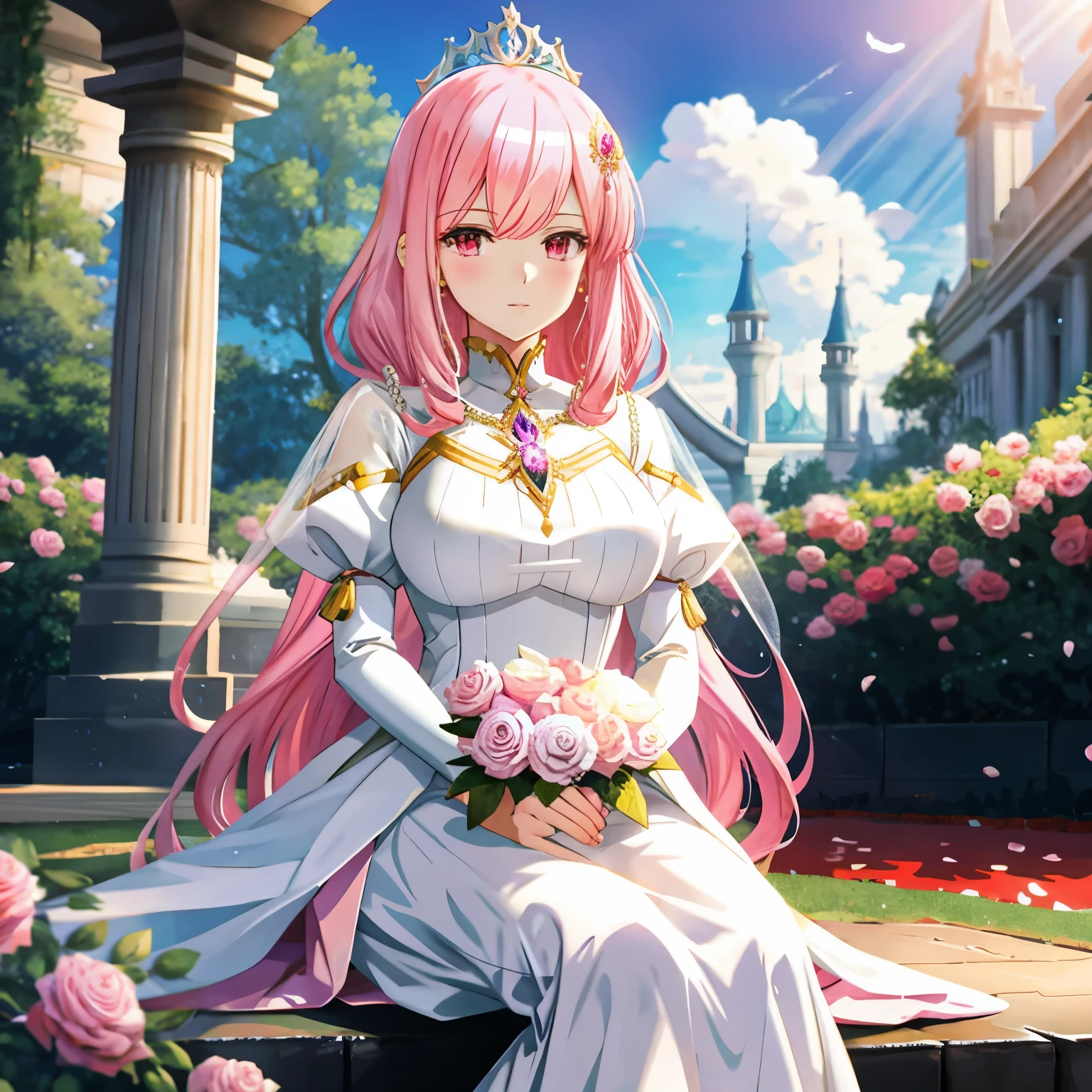 The image shows a beautiful anime girl with long pink hair and red eyes dressed in a luxurious pink **princess dress** that **shows off her ample breasts**. Her crown accentuates her regal appearance, and her hairstyle includes elements similar to a bunnytail. She sits in a tranquil garden setting on a white stone bench surrounded by pink roses and architecture that includes golden columns and arches. The background further enriches the scene with a reflecting pool and blue sky with white clouds, adding to the dreamy and romantic feel of the image. Her dress is full of details such as white feathers, silver ornaments, pearls, gemstones, deep pink layers, and layers set with pink diamonds. Her hands are placed gracefully, one on her dress and the other on her lap, suggesting a moment of quiet thought and anticipation.
BREAK
## Style
- Versatile: White Anime Barbie, Biomechanical, Anime Moe Art Style, Dress, Desktop Background
- Specialized type: "Fate/Stay Night", "Fate/Grand Order", Kushard Krenz's key art, feminine style
BREAK
## Hairstyle and color (determined by theme, pronto overall): Choose one main style from 5 styles (long hair, ponytail, twin tails, bob cut, long braid) and combine all remaining 4 hairstyles to create an original Please style your hair. You can choose the main hair color from gold, blue, or green, and add the remaining two colors as a gradation color.
BREAK
## Colors: green, blue and gold (added to important elements of the theme), light blue, yellow, silver, crimson (added to other than important elements of the theme)
BREAK
## Body type and complexion: voluptuous, voluptuous, stylish body, rocket breasts, cleavage (between breasts), erection of nipple, hanging breasts, armpits, bare shoulders, breasts, caustics, collarbones, huge breasts , sagging breasts, moles, skin depressions, stomach, thighs, moistwith
BREAK
## image quality
- Universal: golden ratio 1.2, drawing board 1.3
- Specialized: absurdres, highest quality, photo-realistic, hy