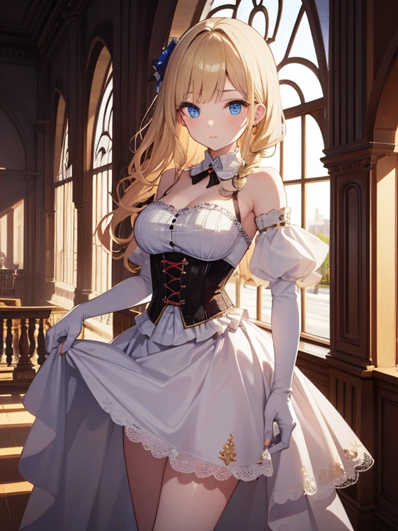 masterpiece, highest quality, Very detailed, 16k, Ultra-high resolution, Wide-angle shot, A 15-year-old girl in the center with nobles in the background, Perfect Fingers, Detailed face, blue eyes, Blonde, Braid, Long Hair, Red gorgeous dress, corset, Long Skirt, Drawers, White long gloves, royal palace, Dance Venues, Evening Party, chandelier