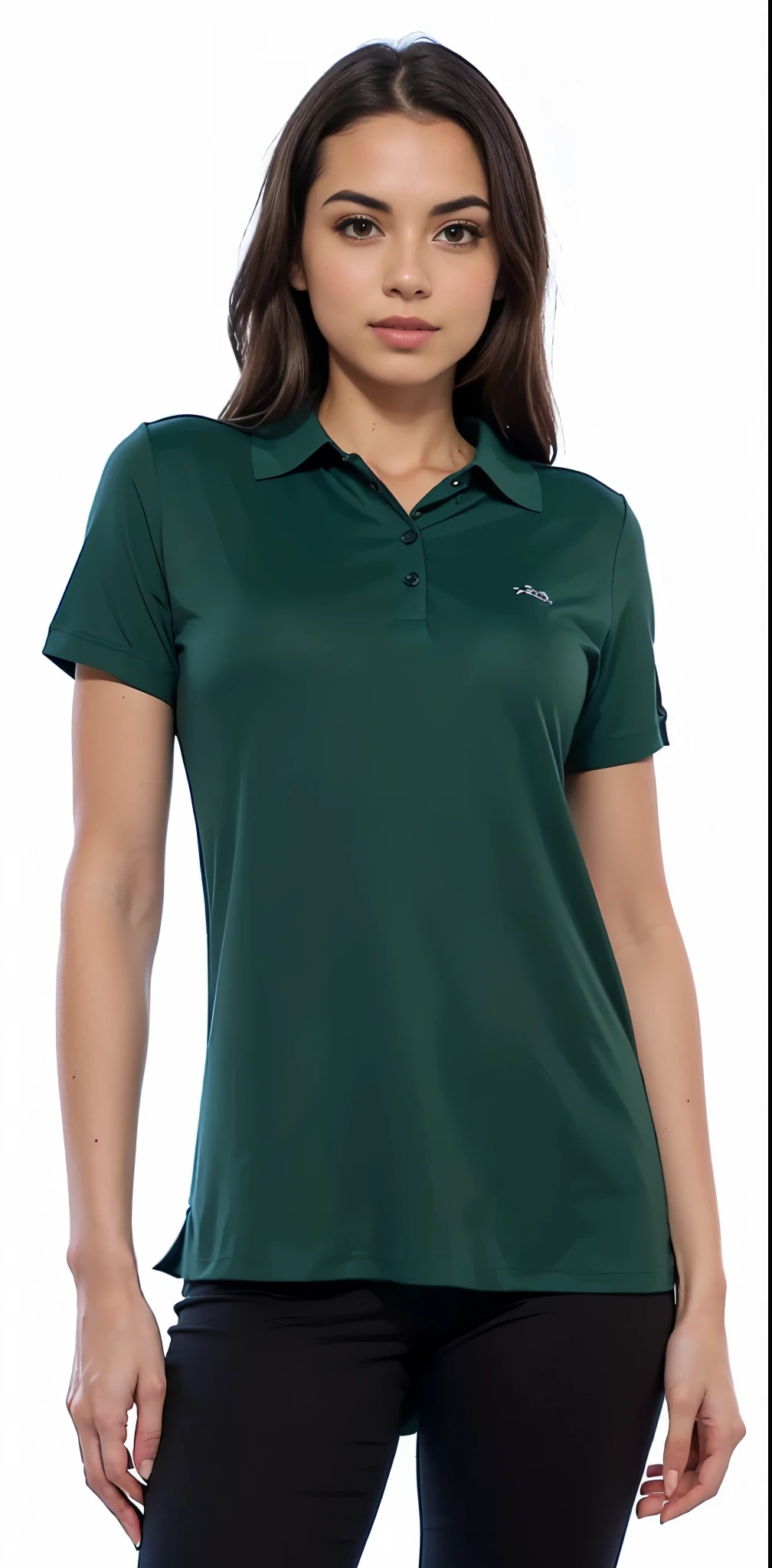 a woman wearing a camisa verde and black pants, in a dark cerceta polo shirt, dark cerceta, Manga curta, cerceta uniform, enfermeira esfrega, Verde escuro, cerceta, in a Verde escuro polo shirt, Chique, cerceta color graded, camisa verde, 3/4 view, 3 / 4 view, cerceta tunic, foto do produto, close-up - ver