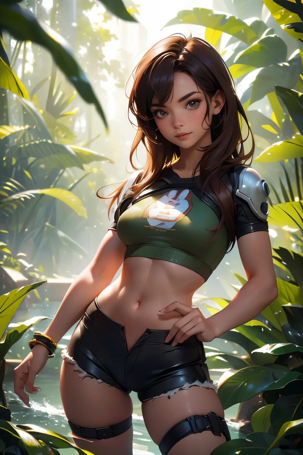 1girl, exploring a beautiful rainforest, paradise, (masterpiece), (best quality), tracerover, 25 years old, brown hair, spiked hair, short hair, Lara Croft shorts and crop top, orange goggles, ((detailed)), ((best quality)), ((masterpiece)), extremely detailed CG unity 8k wallpaper, 32k, focus sharp, photo of perfecteyes eyes, perfecteyes eyes, Masterpiece, raw, beautiful art, professional artist, 8k, very detailed face, very detailed hair, perfectly drawn body, beautiful face, very detailed eyes, smiling, rosey cheeks, intricate details in eyes, perfect fit body, beautiful body, extremely detailed, intricate details, highly detailed, sharp focus, detailed skin, realistic skin texture, texture, detailed eyes, high resolution, kodak vision color, foto_\(ultra\), post-processing, maximum detail, roughness, real life, ultra realistic, photorealism, photography, absurdres, RAW photo, highest quality, high detail RAW color photo, professional photo, extremely detailed UHD 8k wallpaper unit, best quality, highres, (masterpiece, top quality, high resolution:1.4), photo, cinematic, film grain, sharp, soft natural light, magic photography, super detailed, anatomically correct, perfect anatomy, cameltoe.