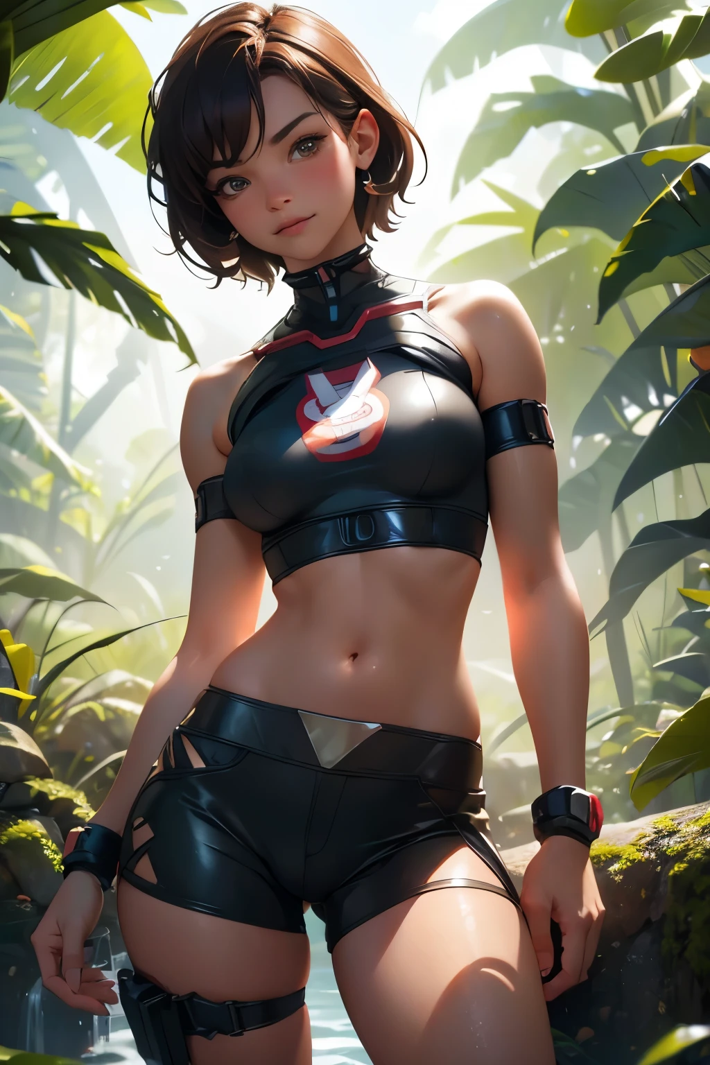 1girl, exploring a beautiful rainforest, paradise, (masterpiece), (best quality), tracerover, 25 years old, brown hair, spiked hair, short hair, Lara Croft shorts and crop top, orange goggles, ((detailed)), ((best quality)), ((masterpiece)), extremely detailed CG unity 8k wallpaper, 32k, focus sharp, photo of perfecteyes eyes, perfecteyes eyes, Masterpiece, raw, beautiful art, professional artist, 8k, very detailed face, very detailed hair, perfectly drawn body, beautiful face, very detailed eyes, smiling, rosey cheeks, intricate details in eyes, perfect fit body, beautiful body, extremely detailed, intricate details, highly detailed, sharp focus, detailed skin, realistic skin texture, texture, detailed eyes, high resolution, kodak vision color, foto_\(ultra\), post-processing, maximum detail, roughness, real life, ultra realistic, photorealism, photography, absurdres, RAW photo, highest quality, high detail RAW color photo, professional photo, extremely detailed UHD 8k wallpaper unit, best quality, highres, (masterpiece, top quality, high resolution:1.4), photo, cinematic, film grain, sharp, soft natural light, magic photography, super detailed, anatomically correct, perfect anatomy, cameltoe.