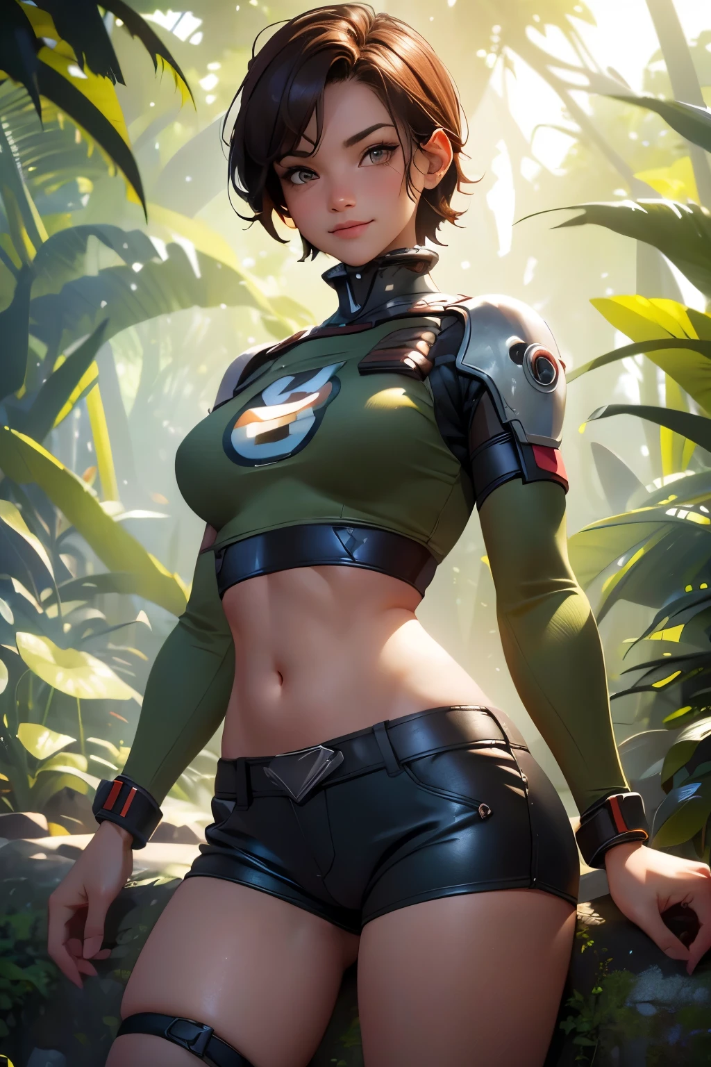 1girl, exploring a beautiful rainforest, paradise, (masterpiece), (best quality), tracerover, 25 years old, brown hair, spiked hair, short hair, Lara Croft shorts and crop top, orange goggles, ((detailed)), ((best quality)), ((masterpiece)), extremely detailed CG unity 8k wallpaper, 32k, focus sharp, photo of perfecteyes eyes, perfecteyes eyes, Masterpiece, raw, beautiful art, professional artist, 8k, very detailed face, very detailed hair, perfectly drawn body, beautiful face, very detailed eyes, smiling, rosey cheeks, intricate details in eyes, perfect fit body, beautiful body, extremely detailed, intricate details, highly detailed, sharp focus, detailed skin, realistic skin texture, texture, detailed eyes, high resolution, kodak vision color, foto_\(ultra\), post-processing, maximum detail, roughness, real life, ultra realistic, photorealism, photography, absurdres, RAW photo, highest quality, high detail RAW color photo, professional photo, extremely detailed UHD 8k wallpaper unit, best quality, highres, (masterpiece, top quality, high resolution:1.4), photo, cinematic, film grain, sharp, soft natural light, magic photography, super detailed, anatomically correct, perfect anatomy, cameltoe.