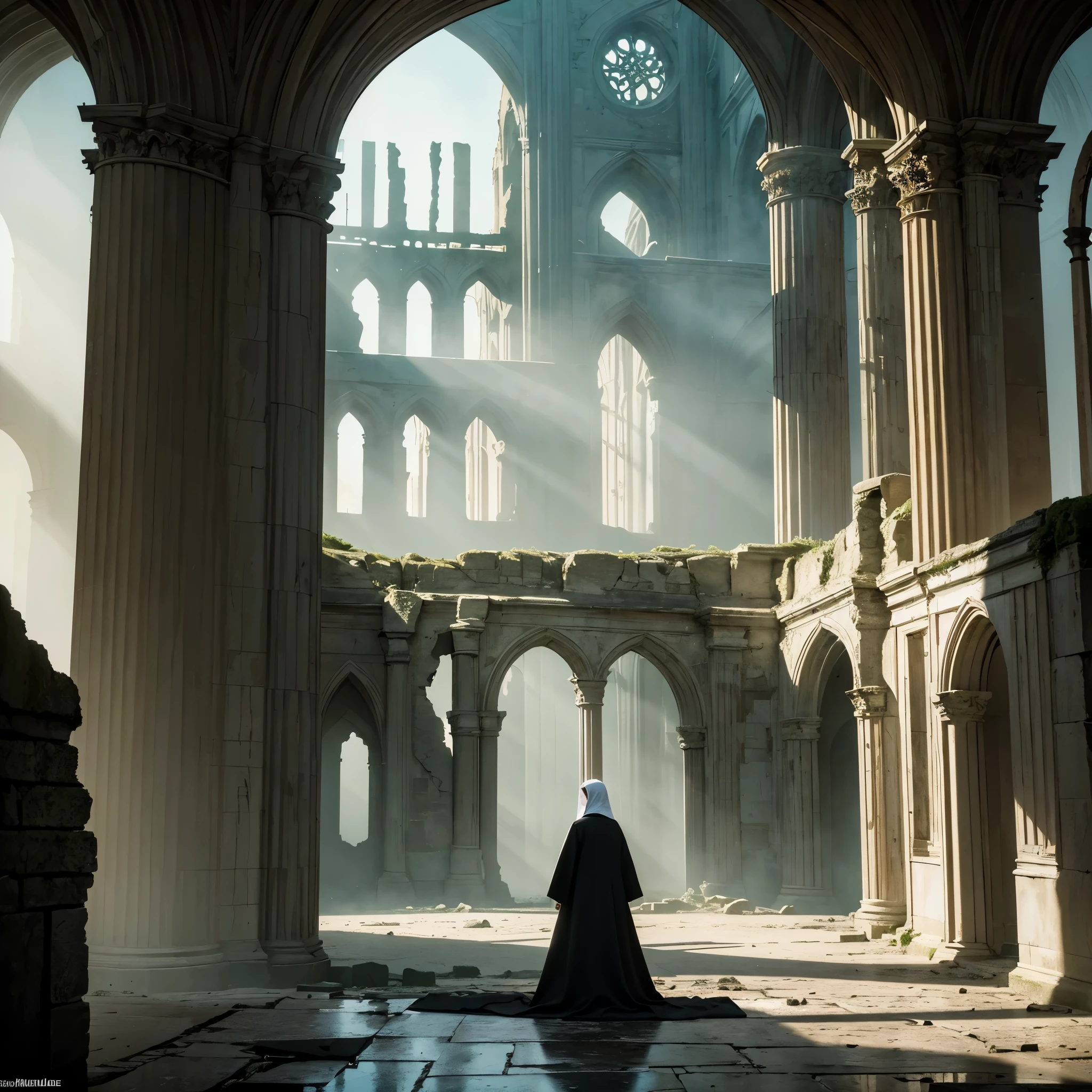 Masterpiece, half body shot, A beautiful catholic 18 years old nun is depicted in the foreground, her silhouette stark against the dimly lit backdrop of the ruined abbey. Wisps of fog swirl around her feet, adding to the sense of isolation and vulnerability). The abbey itself looms ominously behind her, its once-grand architecture now reduced to decaying ruins. Shadows play tricks on the eye, suggesting hidden figures or lurking dangers within the mist. The overall atmosphere is one of dread and impending peril, as the nun braces herself for whatever horrors the dawn may bring, 8K, ultra high res.photorealistic, UHD
