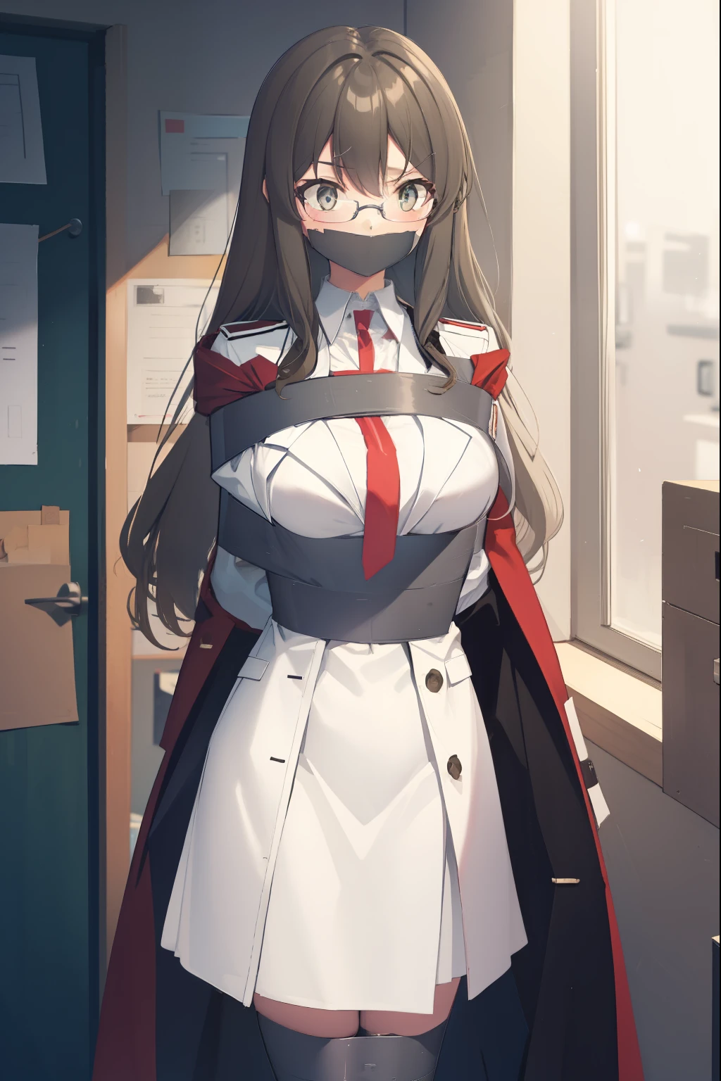 riofutaba, rio futaba, black-framed eyewear, (brown eyes:1.7), glasses, (grey hair:1.2), hair between eyes, over-rim eyewear, semi-rimless eyewear, long hair, sidelocks,
BREAK blazer, blue skirt, brown jacket, coat, collared shirt, jacket, lab coat, long sleeves, miniskirt, necktie, open clothes, open coat, pleated skirt, red necktie, , shirt, skirt, undershirt, (white coat:1.5), white shirt,
BREAK looking at viewer,
BREAK indoors, classroom,
BREAK (masterpiece:1.2), best quality, high resolution, unity 8k wallpaper, (illustration:0.8), (beautiful detailed eyes:1.6), extremely detailed face, perfect lighting, extremely detailed CG, (perfect hands, perfect anatomy),Master piece, (best quality), perfect eyes, bound, bondage, (arms behind back:1.4), bdsm, tape gag, tape, tape bondage, close-up, restrained, standing ,best anatomy,uppe body, thigh, gigantic breast 