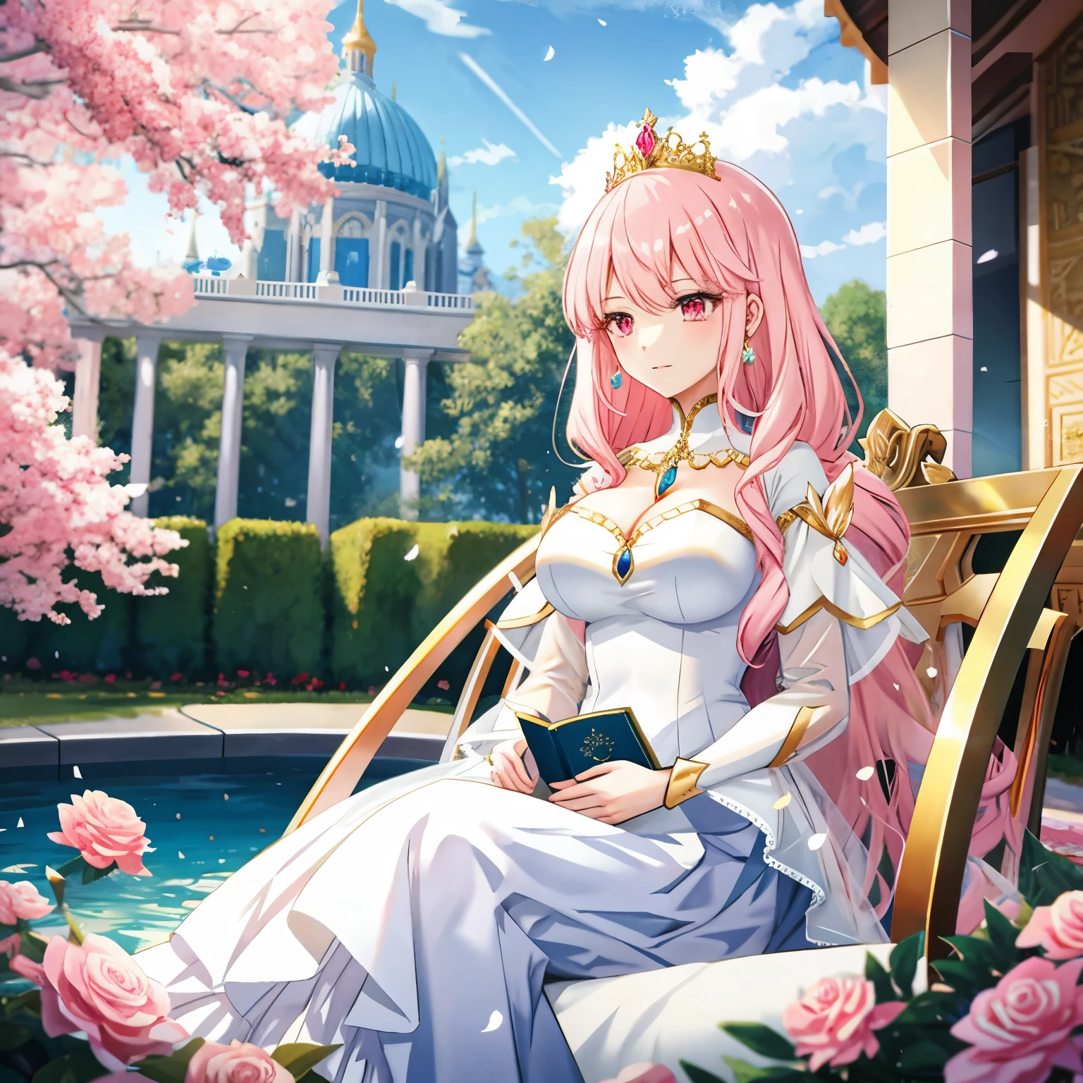 The image shows a beautiful anime girl with long pink hair and red eyes dressed in a luxurious pink **princess dress** that shows off her ample breasts (natural breast enhancement)** is. She wears a crown to accentuate her regal appearance, and her hairstyle includes elements similar to a bunnytail. She sits in a tranquil garden setting on a white stone bench surrounded by pink roses and architecture that includes golden columns and arches. The background further enriches the scene with a reflecting pool and blue sky with white clouds, adding to the dreamy and romantic feel of the image. Her dress is full of details such as white feathers, silver ornaments, pearls, gemstones, deep pink layers, and layers set with pink diamonds. Her hands are placed gracefully, one on her dress and the other on her lap, suggesting a moment of quiet thought and anticipation.
BREAK
## Style
- Versatile: White Anime Barbie, Biomechanical, Anime Moe Art Style, Dress, Desktop Background
- Specialized type: "Fate/Stay Night", "Fate/Grand Order", Kushard Krenz's key art, feminine style
BREAK
## Hairstyle and color (determined by theme, pronto overall): Choose one main style from 5 styles (long hair, ponytail, twin tails, bob cut, long braid) and combine all remaining 4 hairstyles to create an original Please style your hair. You can choose the main hair color from gold, blue, or green, and add the remaining two colors as a gradation color.
BREAK
## Colors: green, blue and gold (added to important elements of the theme), light blue, yellow, silver, crimson (added to other than important elements of the theme)
BREAK
## Body type and complexion: voluptuous, voluptuous, stylish body, rocket breasts, cleavage (between breasts), erection of nipple, hanging breasts, armpits, bare shoulders, breasts, caustics, collarbones, huge breasts , sagging breasts, moles, skin depressions, stomach, thighs, moistwith
BREAK
## image quality
- Universal: golden ratio 1.2, drawing board 1.3
- Specialized: absurdr