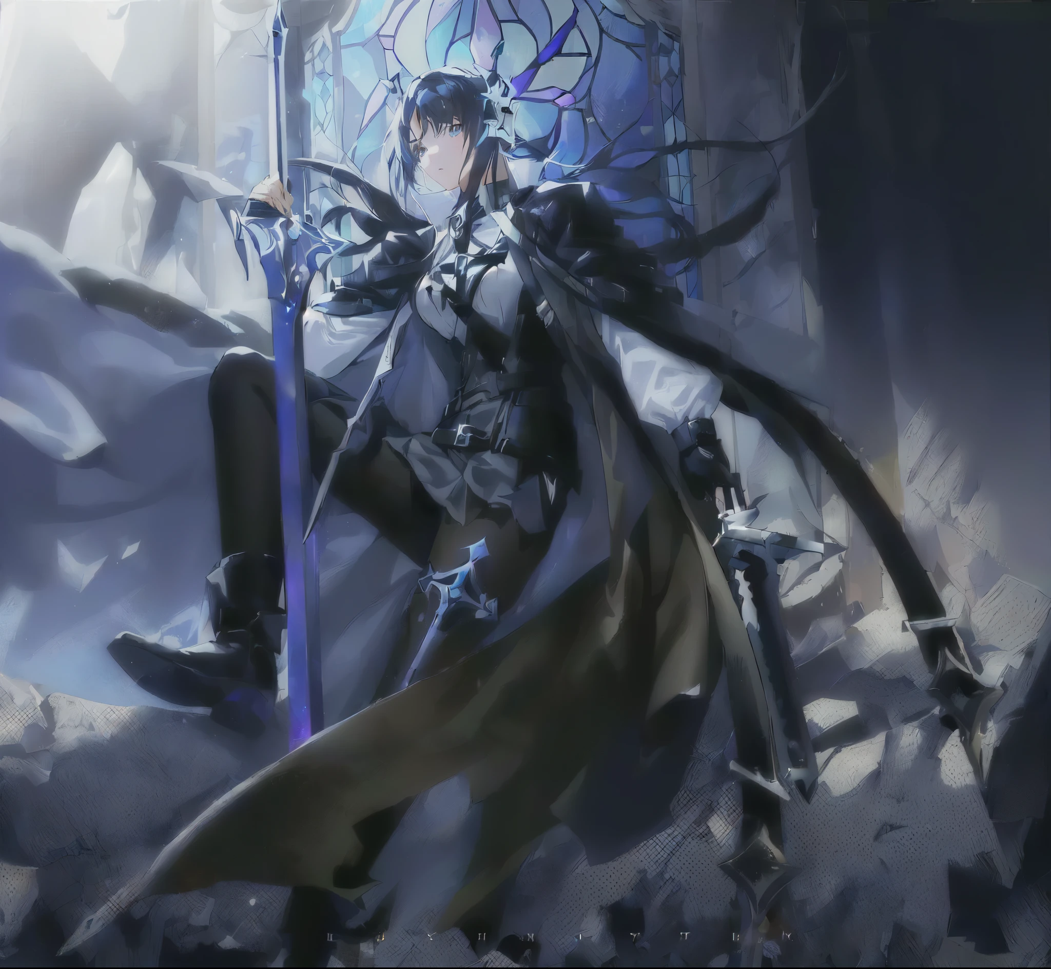 (((1 girl))),((Black pantyhose)),Leather Boots,Cartoon character holding a sword in front of a stained glass window,Anime Goddess,Key Anime Art, detailed Key Anime Art, best anime 4k konachan wallpapers, Zero Art,  From Arknights, Anime Key Visual Concept Art, 4k anime wallpaper