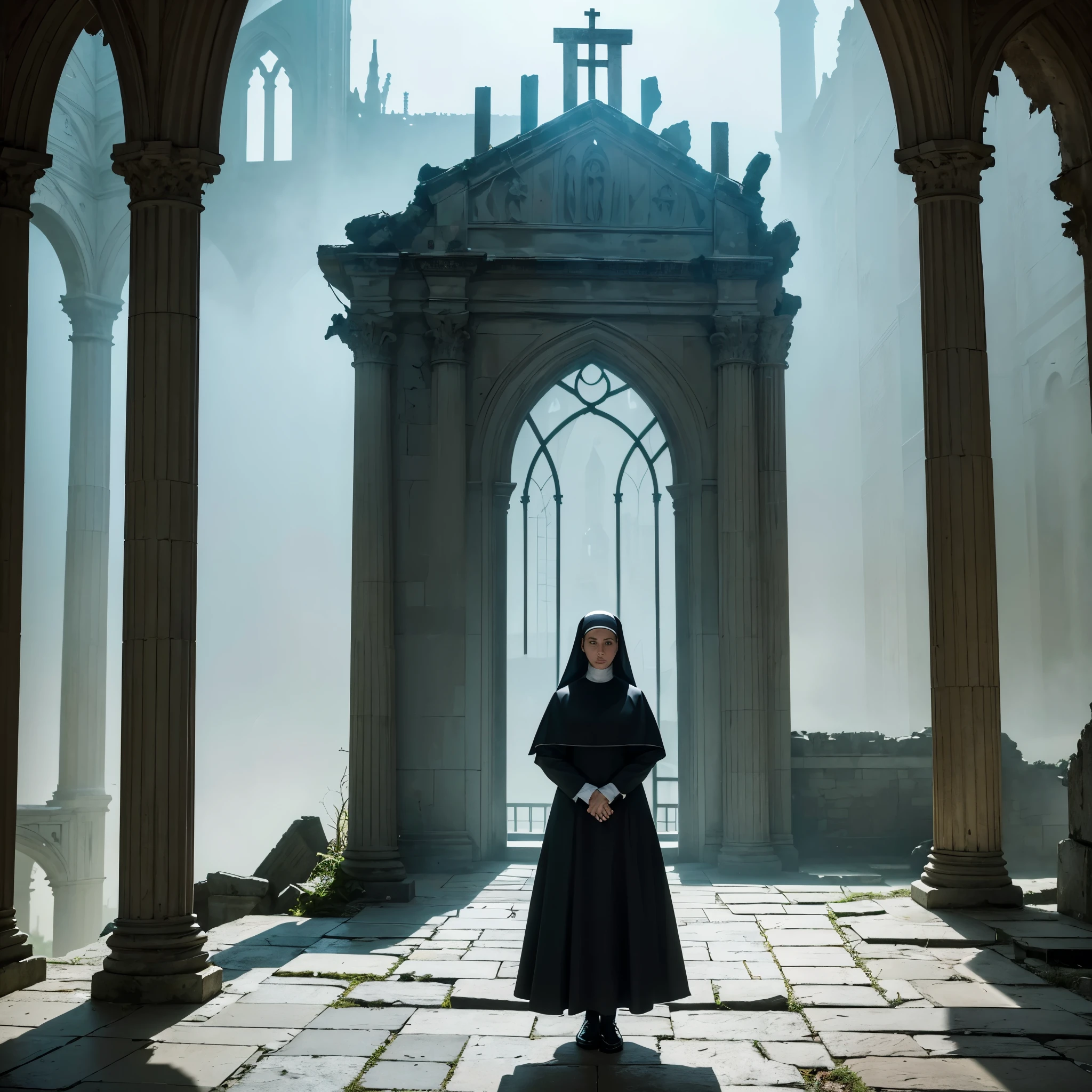 Masterpiece, half body shot, A beautiful catholic 18 years old nun is depicted in the foreground, her silhouette stark against the dimly lit backdrop of the ruined abbey. Wisps of fog swirl around her feet, adding to the sense of isolation and vulnerability). The abbey itself looms ominously behind her, its once-grand architecture now reduced to decaying ruins. Shadows play tricks on the eye, suggesting hidden figures or lurking dangers within the mist. The overall atmosphere is one of dread and impending peril, as the nun braces herself for whatever horrors the dawn may bring, 8K, ultra high res.photorealistic, UHD