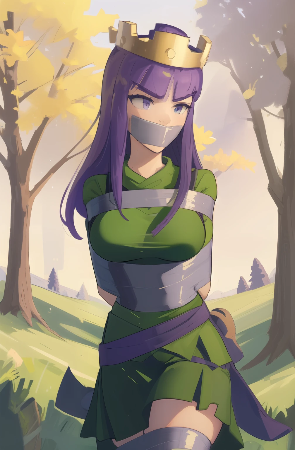 1girl, archer queen, green outfit, purple waist sash, highly detailed,
forest, field
green skirt,thigh,big breast ,Master piece, (best quality), perfect eyes, bound, bondage, (arms behind back:1.4), bdsm, tape gag, tape, tape bondage, close-up, restrained, standing ,best anatomy, upper body, 