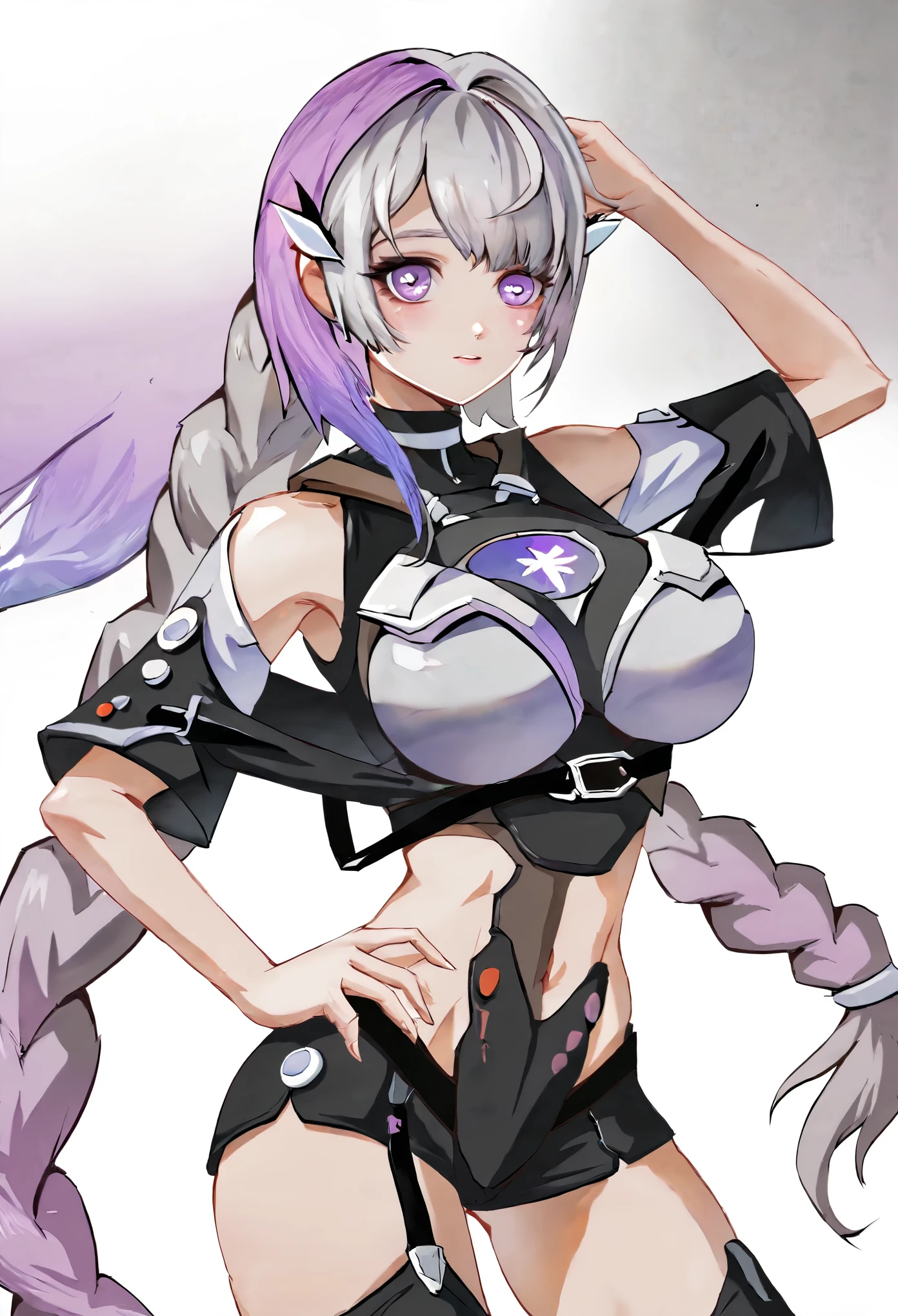 yinji,1girl,solo,purple_hair,purple_eyes,very_long_hair,grey_hair,braided_ponytail,large_breasts,gradient_hair,