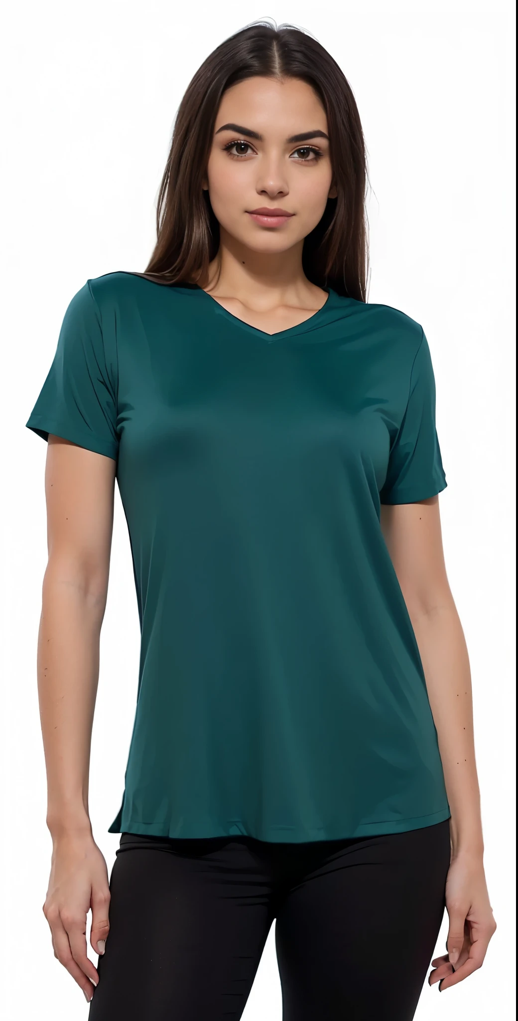 a woman wearing a camiseta T-shirt verde and black pants, in a dark cerceta polo shirt, dark cerceta, Manga curta, Verde escuro, cerceta, in a Verde escuro t-shirt, Chique, cerceta color graded, camiseta verde, 3/4 view, 3 / 4 view, cerceta tunic, foto do produto, close-up - ver